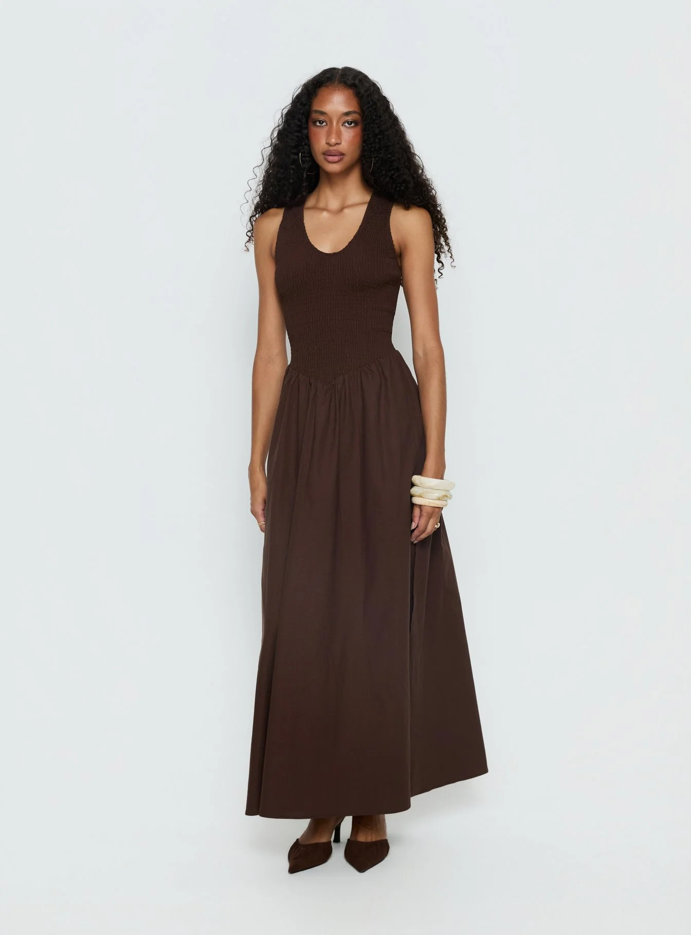 Highgate Drop Waist Pleat Detail Maxi Dress Chocolate