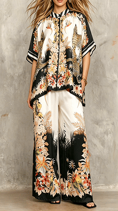 Two-piece casual satin printed bat sleeve set for ladies - Nordfashionstorm - Women's Clothing, Fashion for You - Nordfashionstorm.com