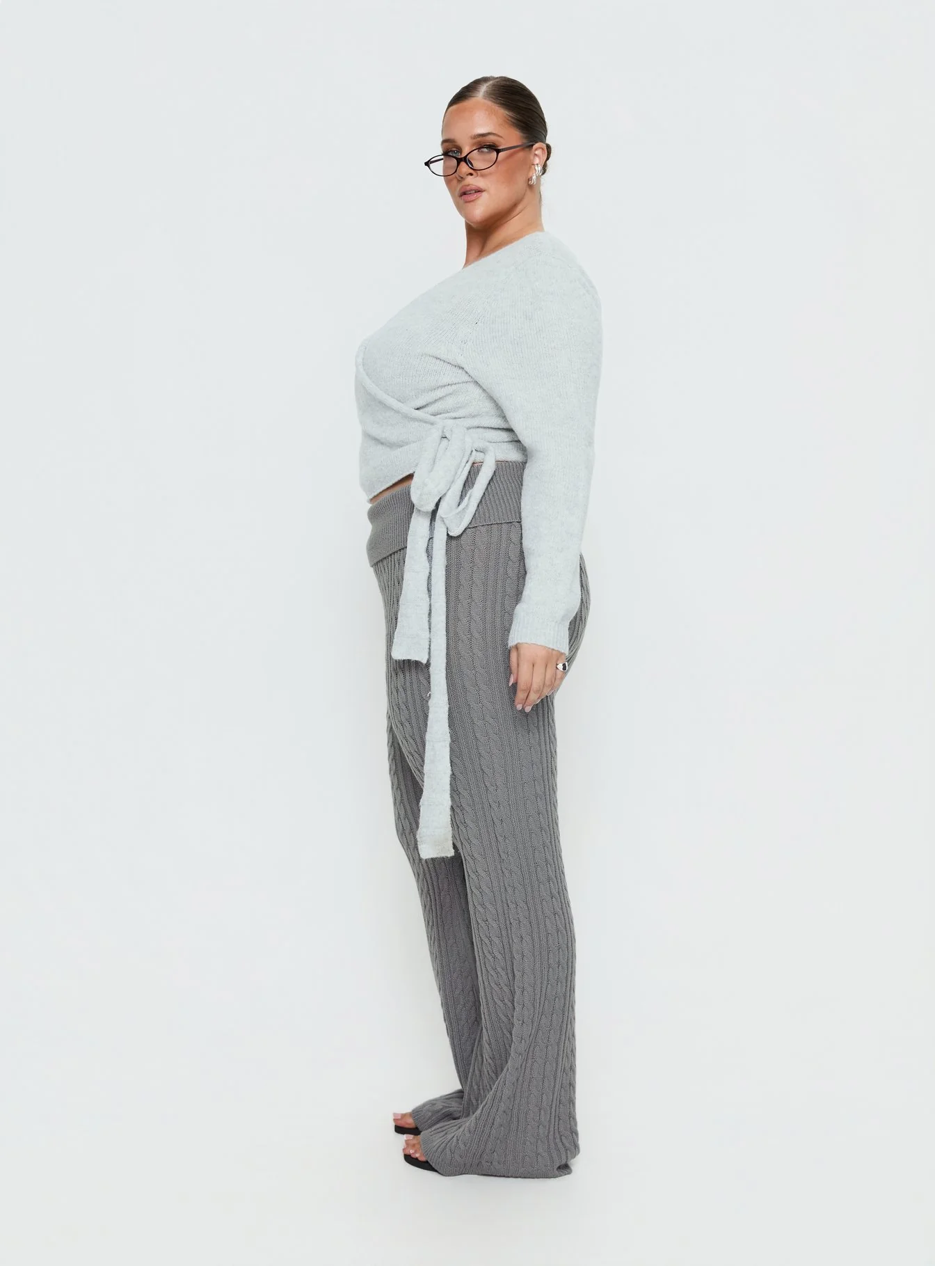 Baleigh Cable Knit Foldover Pants Grey Curve