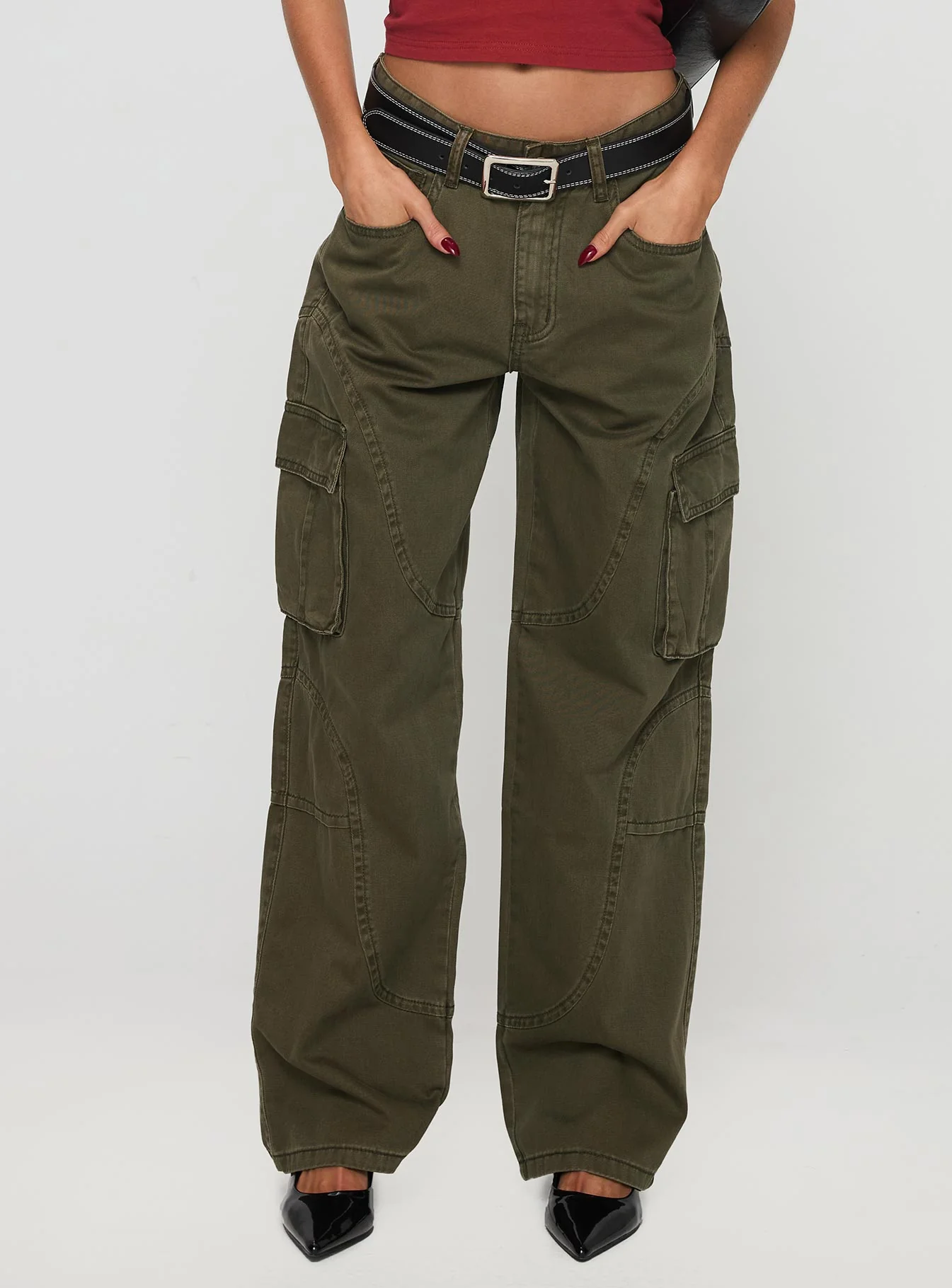 Ahstin Mid Rise Straight Leg Cargo Jeans Green