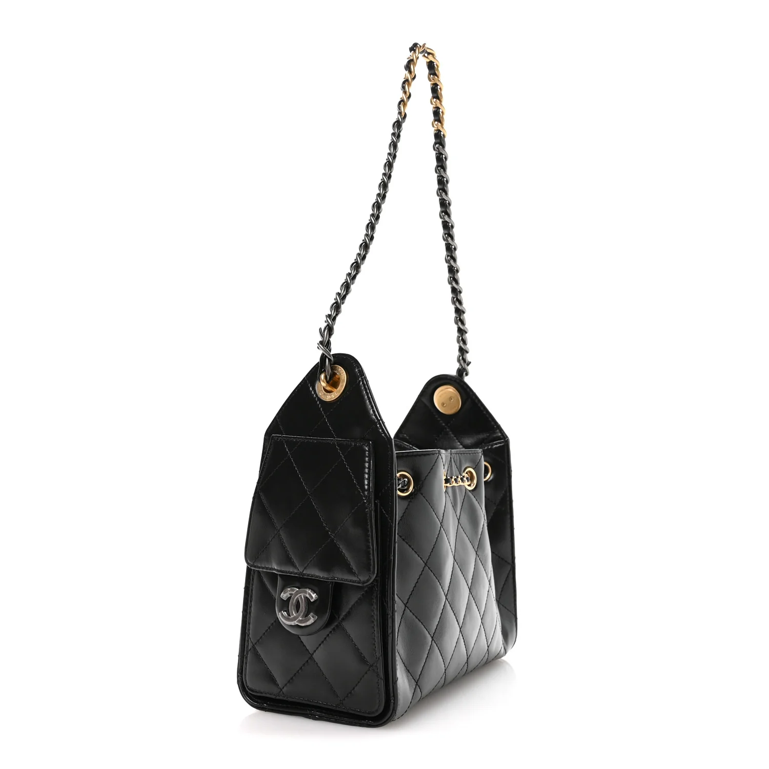 Shiny Crumpled Calfskin Quilted Mini Chanel 25 Handbag Black - Top Club