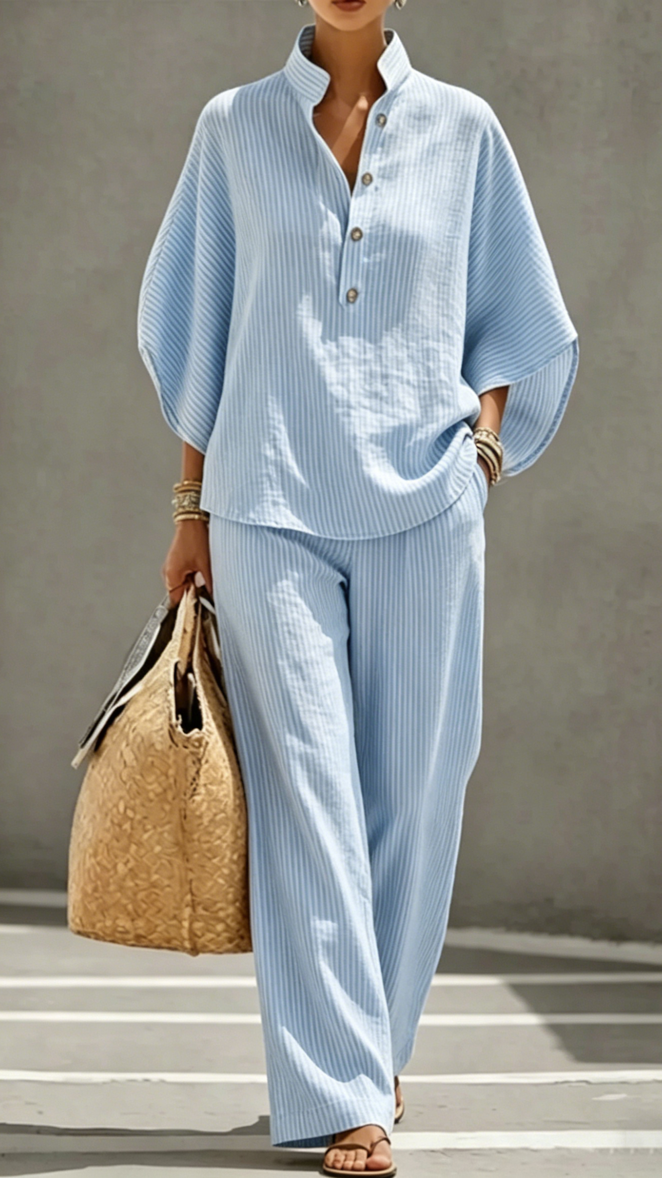 Women's Striped Linen-Cotton Batwing Sleeve Two-Piece Set - Nordfashionstorm - Women's Clothing, Fashion for You - Nordfashionstorm.com