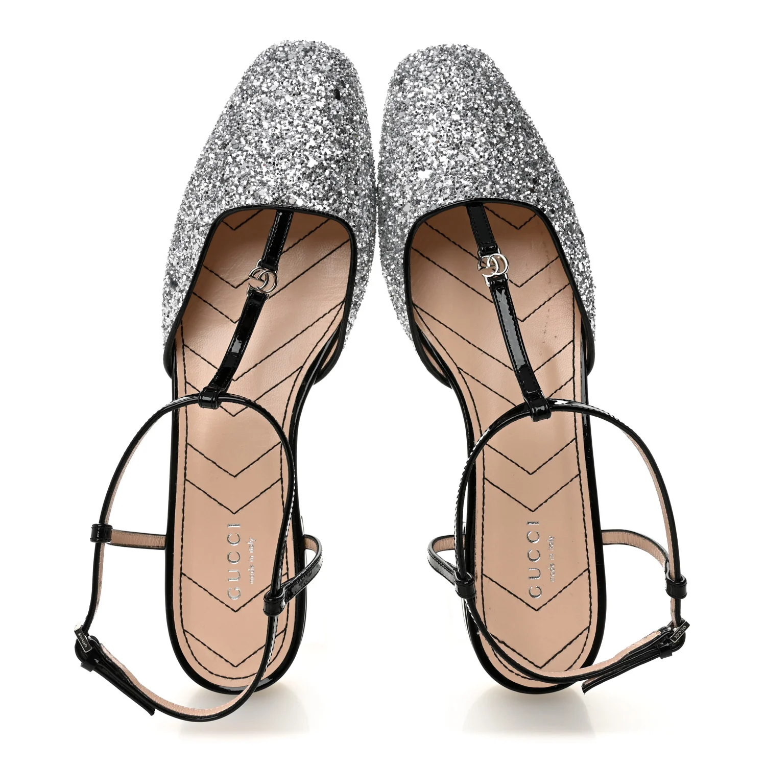 Calfskin Glitter Double G Slingback Flats 39 Silver Black - Top Club