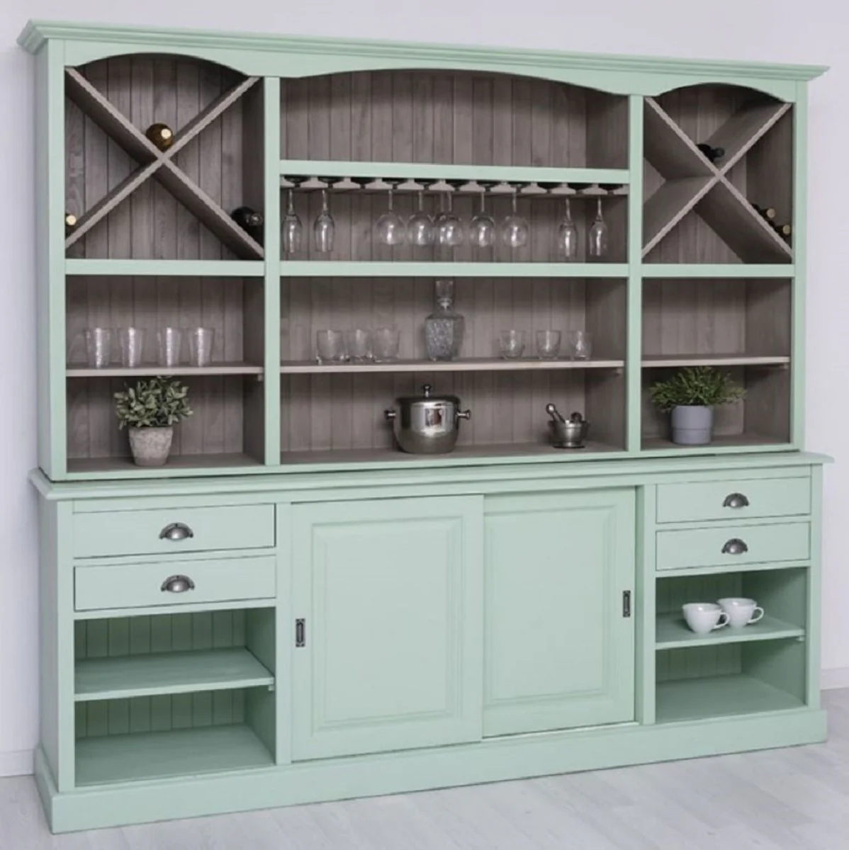 Country house style bar cabinet mint green / gray 240 x 50 x H. 210 cm - Solid wood wine cabinet in country house style - Country house style furniture - Bar furniture in country house style - Country house style furnishings