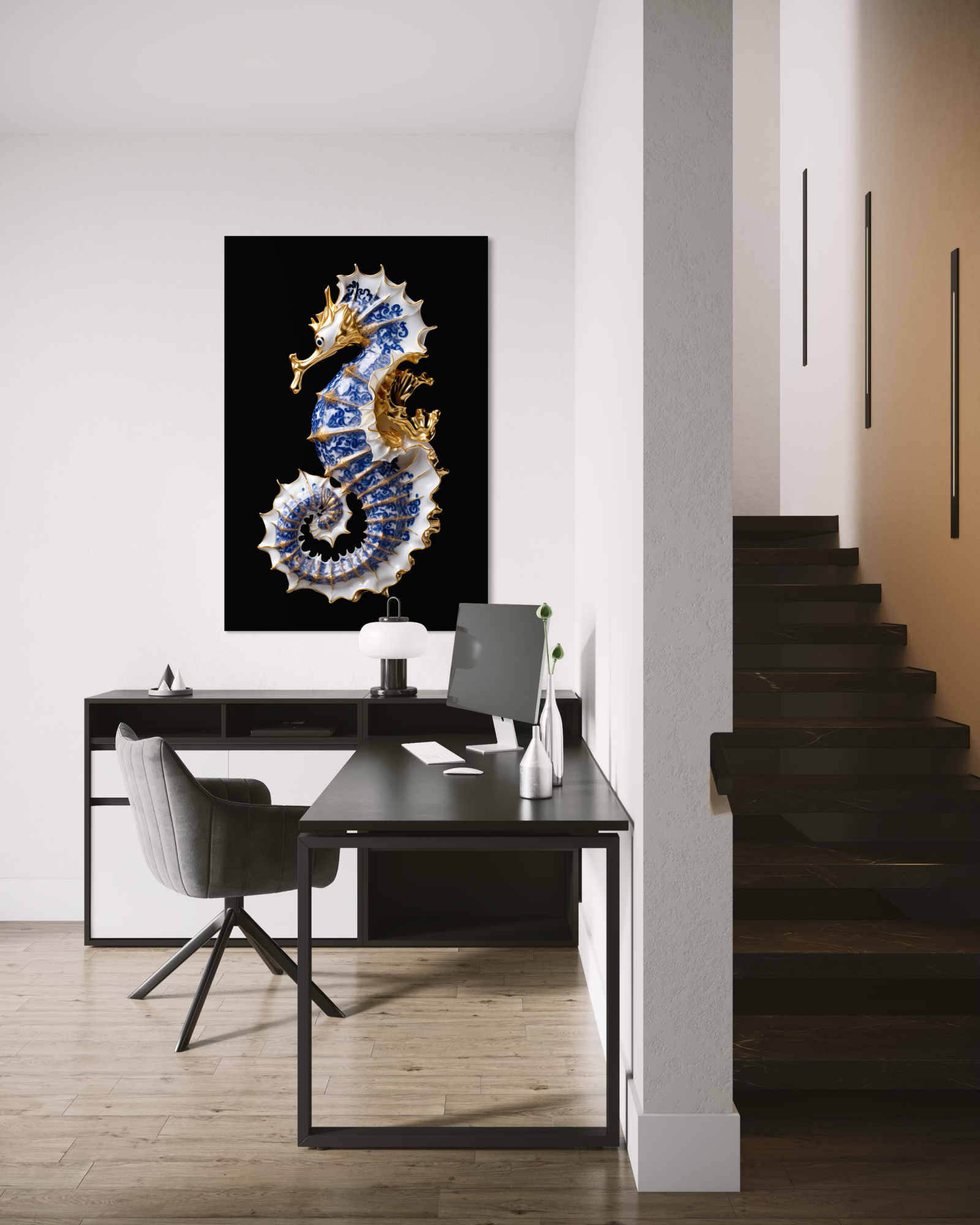Dibond schilderij 'Delft Blue Seahorse' 80x120 cm