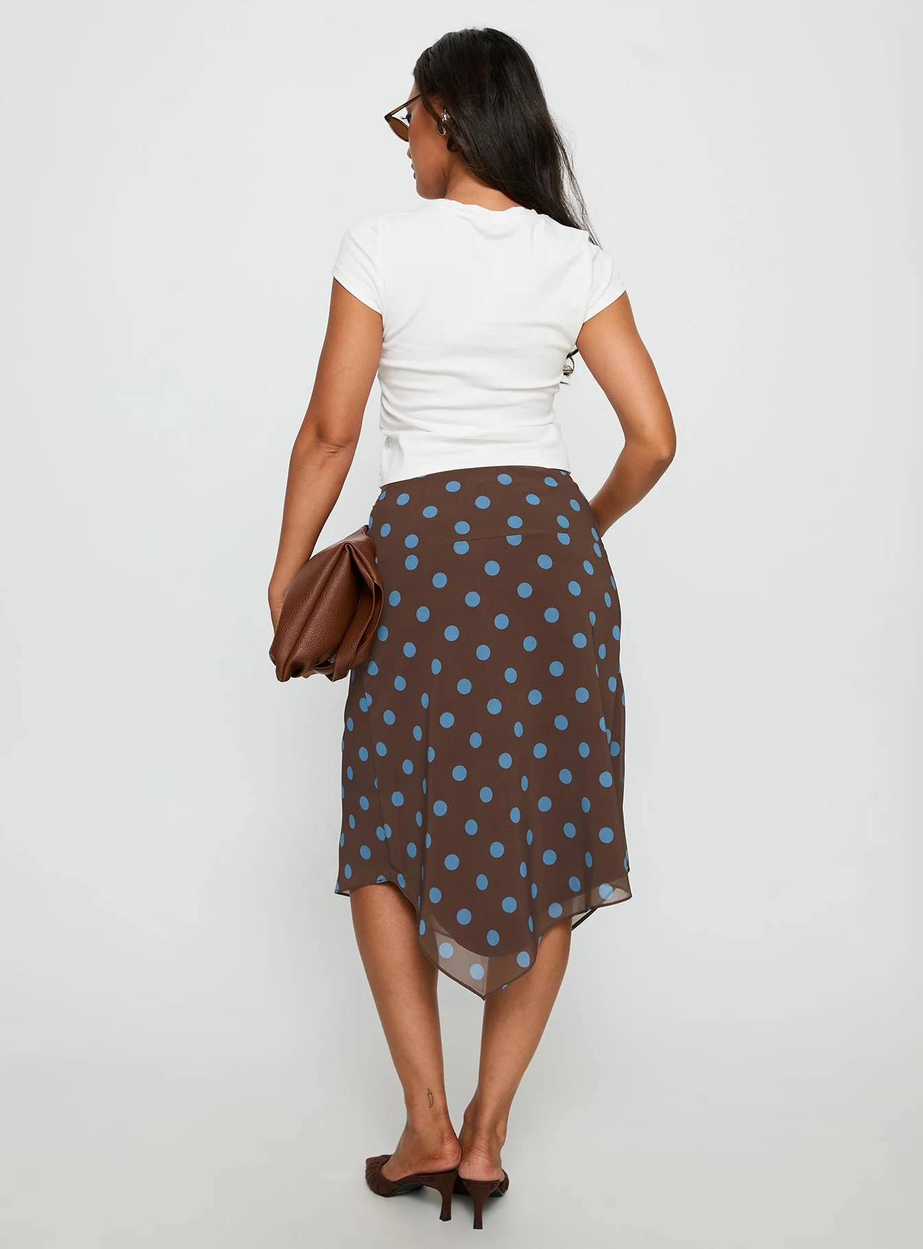 Daphene Asymmetrical Midi Skirt Brown / Blue Polka Dot