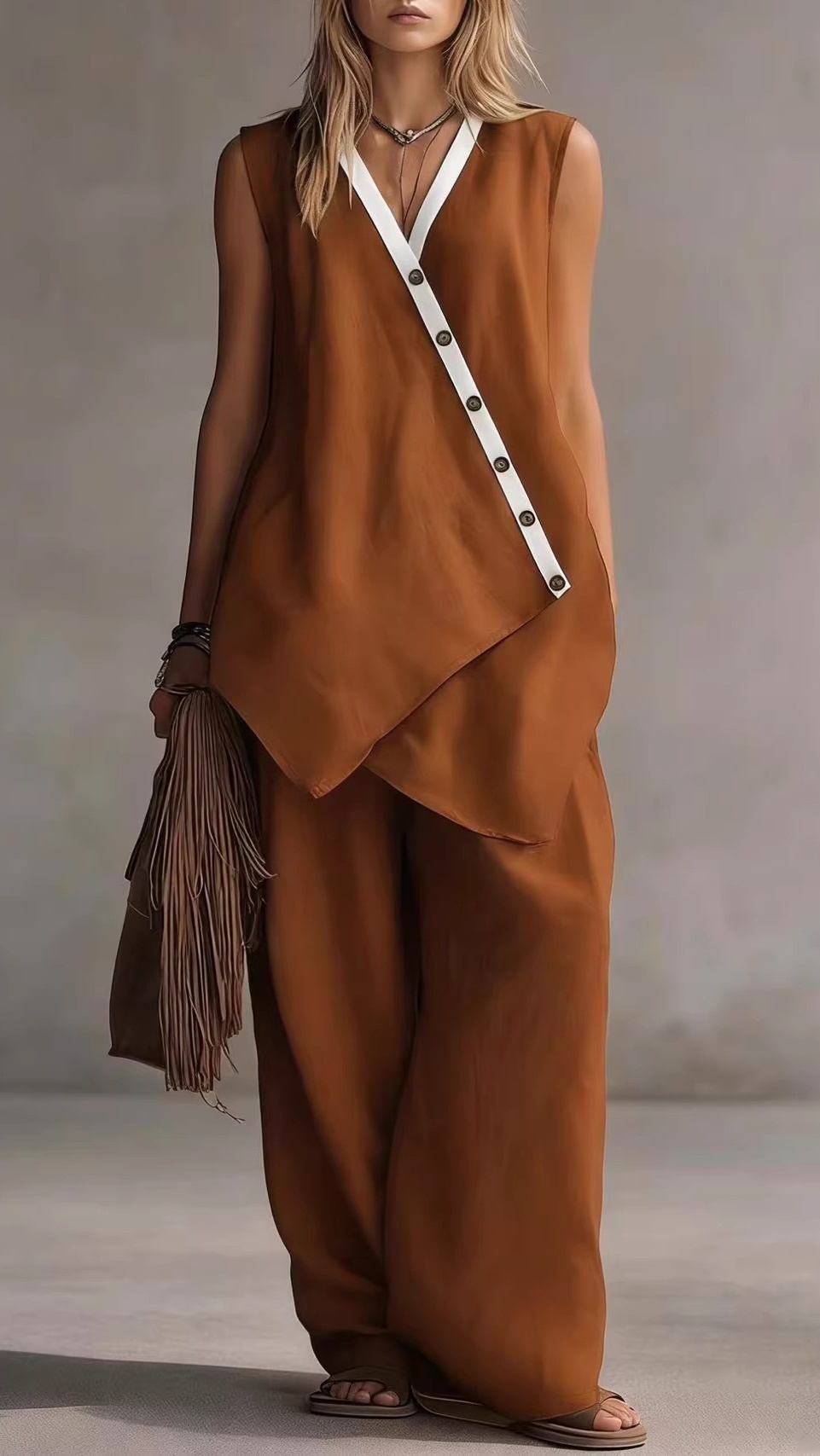 Women's V-Neck Sleeveless Wide-Leg Pants Two-Piece Set with Asymmetrical Buttons - Nordfashionstorm - Women's Clothing, Fashion for You - Nordfashionstorm.com