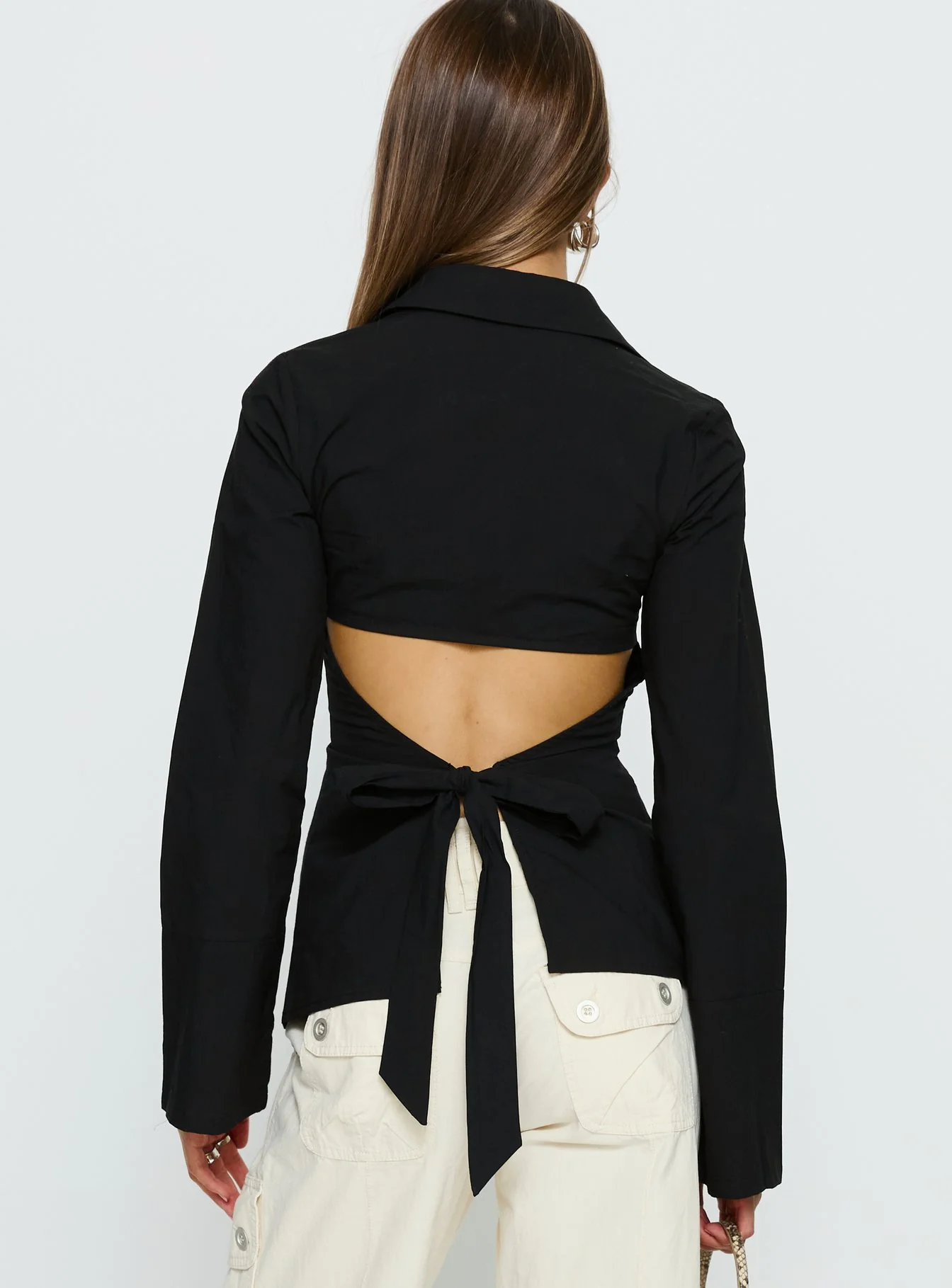 Lesper Long Sleeve Tie Back Top Black