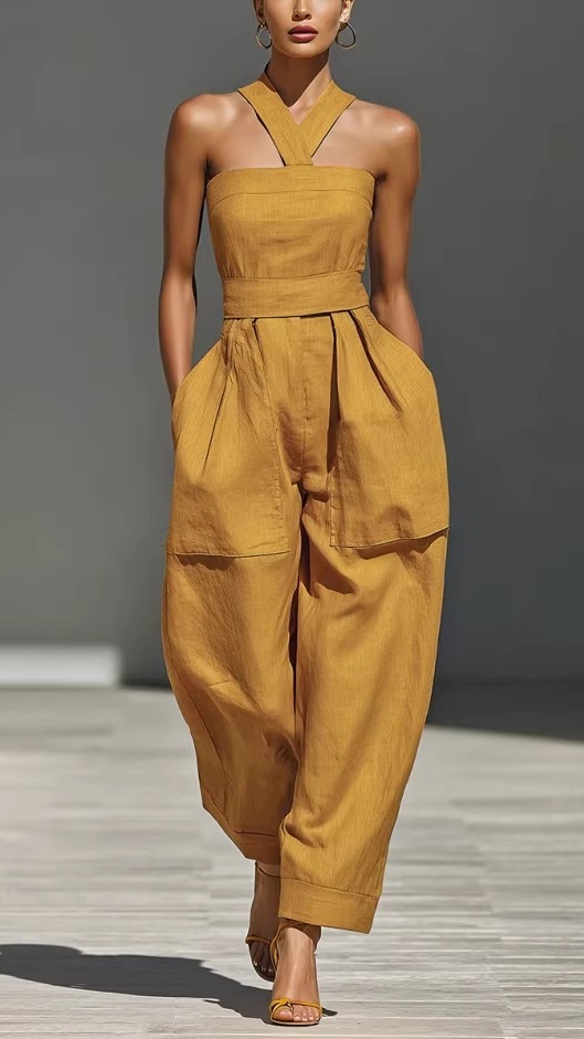 Women's Linen Blend Crossover Halter Neck Loose Fit Jumpsuit - Nordfashionstorm - Women's Clothing, Fashion for You - Nordfashionstorm.com