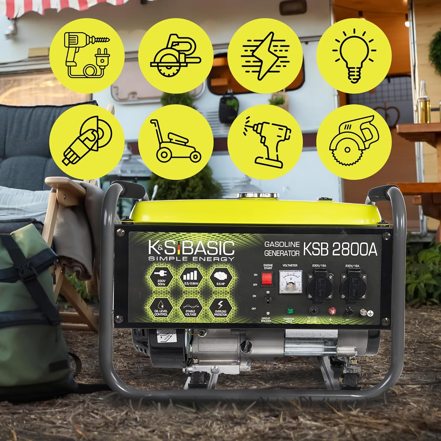 KSB 2800A, generatore di corrente in alluminio, a benzina, 6,5 CV, motore a benzina a 4 tempi, con regolatore di tensione automatico 230 V (AVR), 2800 Watt, 16 A, per la casa e il tempo libero