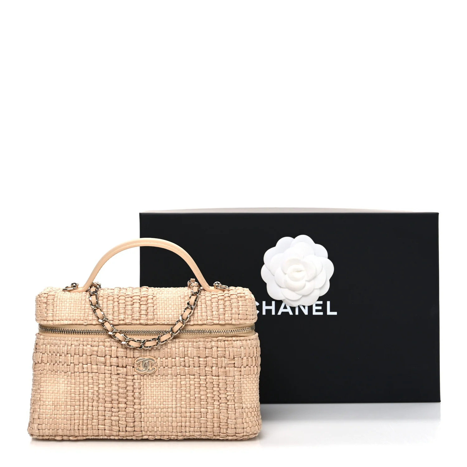 Braided Raffia Quilted Top Handle Slim Vanity Case With Chain Beige - Top Club