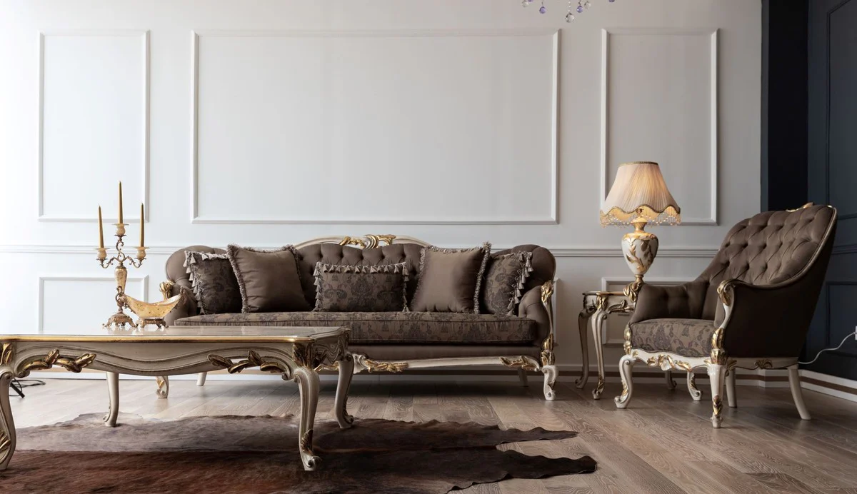 Luxury Baroque Coffee Table Cream / White / Gold - Handmade Solid Wood Living Room Table - Baroque Living Room Furniture