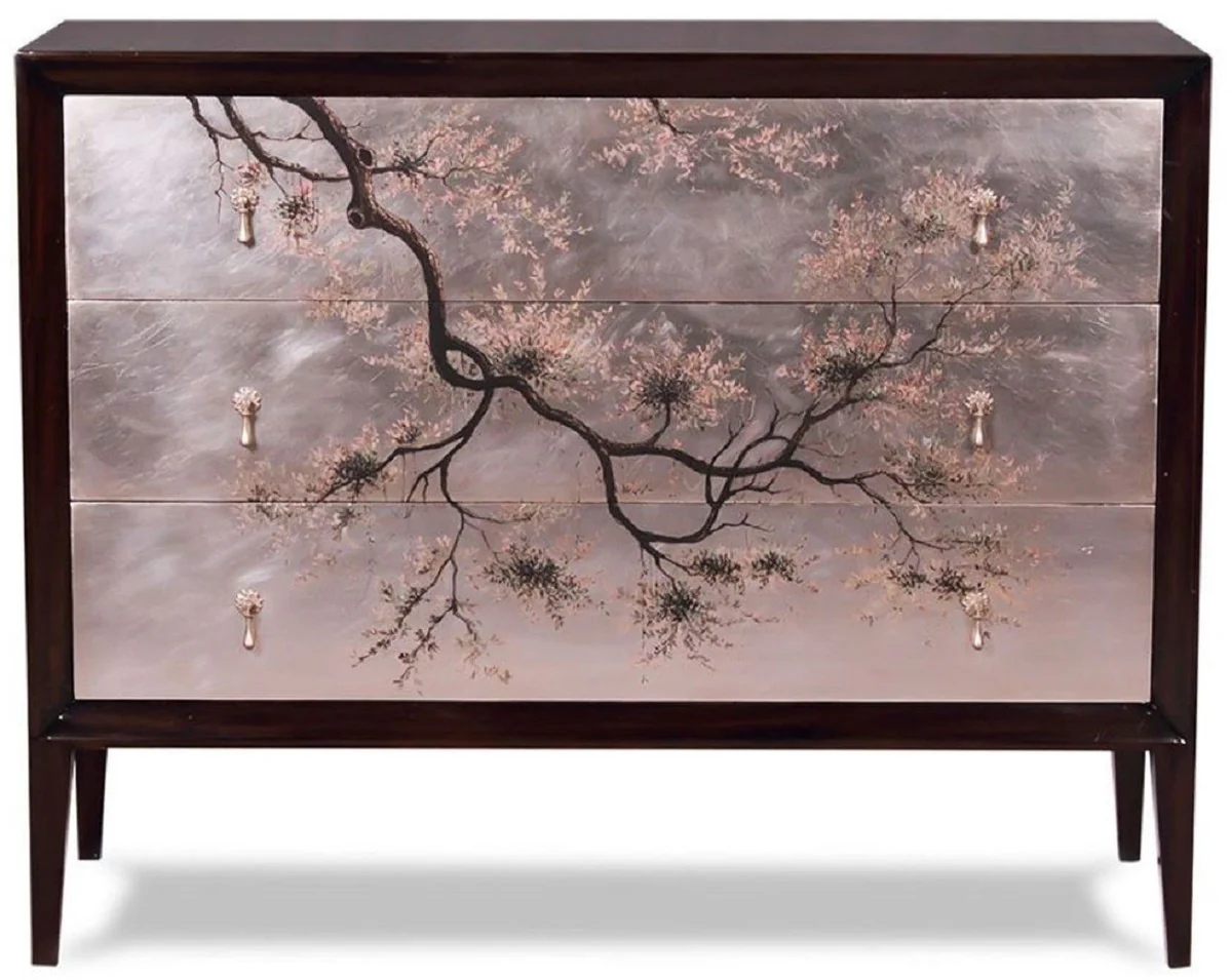 Luxury Art Deco chest of drawers dark brown / multicolored 120 x 49 x H. 94 cm - Noble mahogany chest of drawers with 3 drawers and elegant Japanese design - Luxury furniture