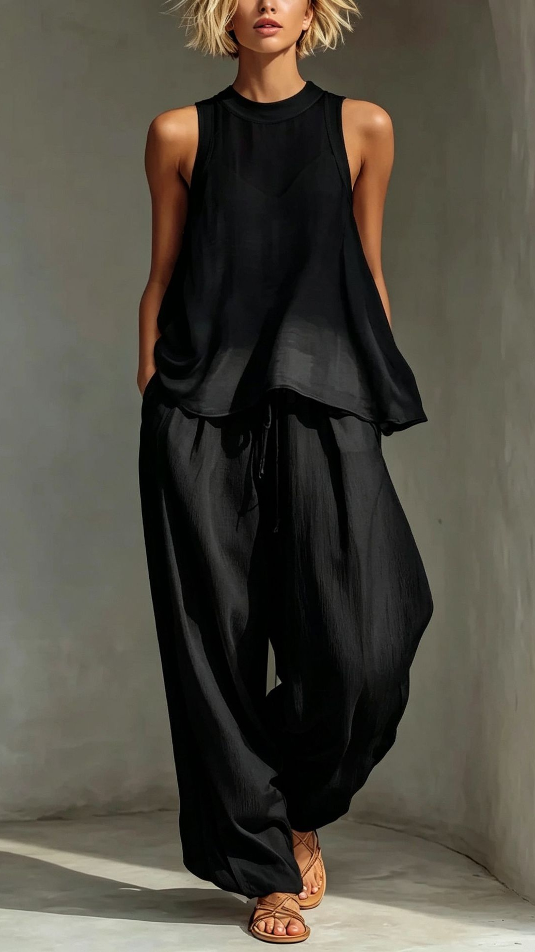 Women's Chiffon Semi-Sheer Round Neck Sleeveless Vest Drawstring Wide-Leg Pants Loose Fit Suit - Nordfashionstorm - Women's Clothing, Fashion for You - Nordfashionstorm.com