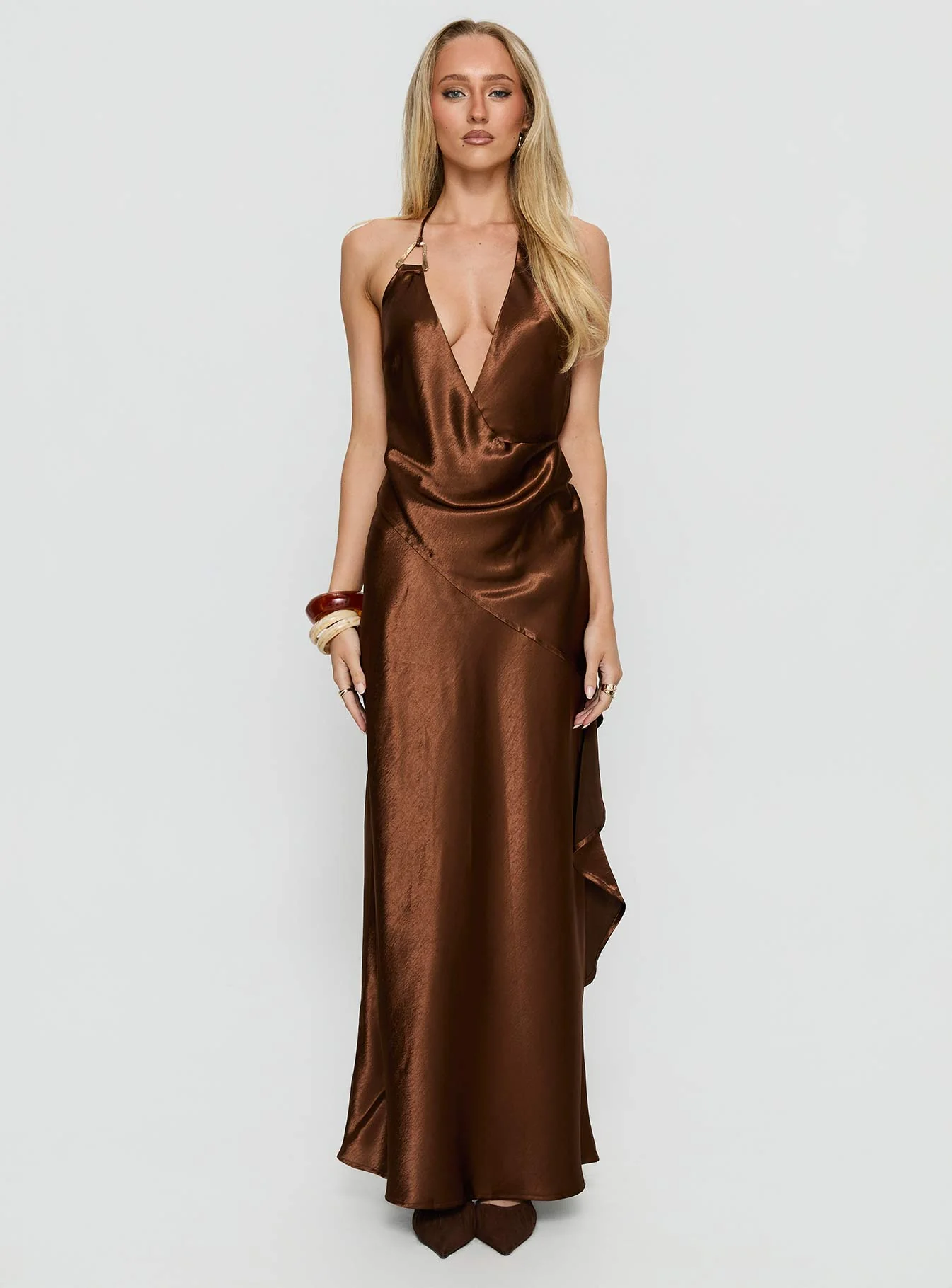Annissa Plunge Halter Maxi Dress Dark Brown