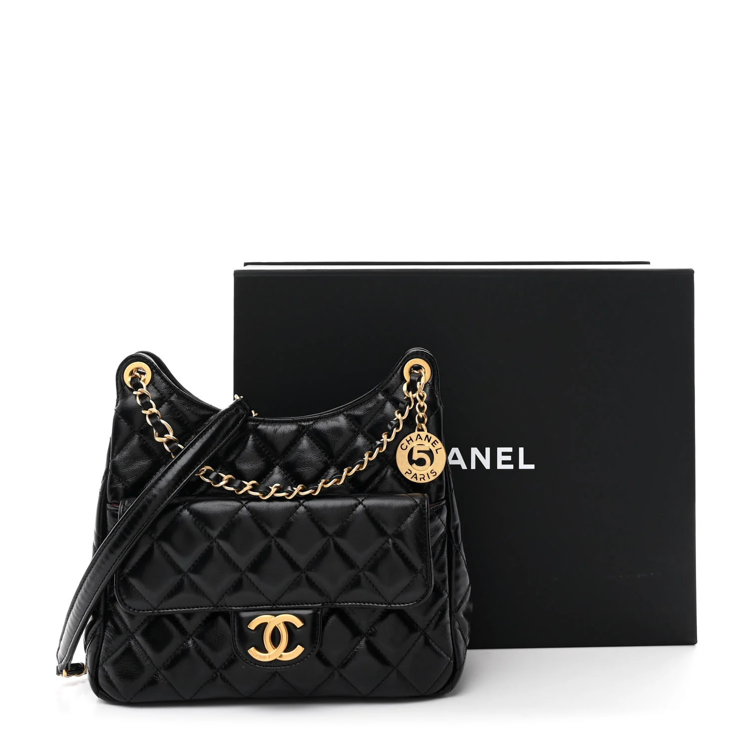 Shiny Crumpled Calfskin Quilted Wavy CC Hobo Black - Top Club