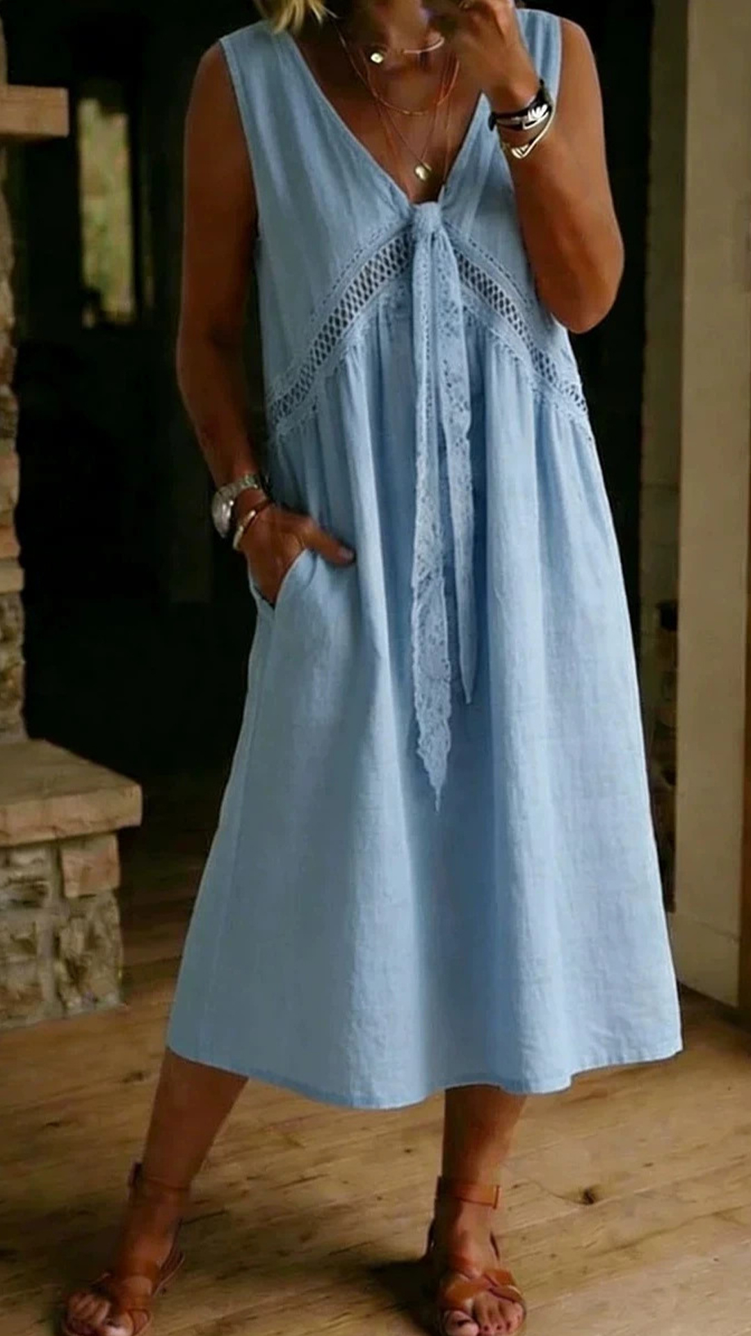Women's Cotton‑blend V‑neck Lace Hollow Tie‑detail Sleeveless Midi Dress - Nordfashionstorm - Women's Clothing, Fashion for You - Nordfashionstorm.com