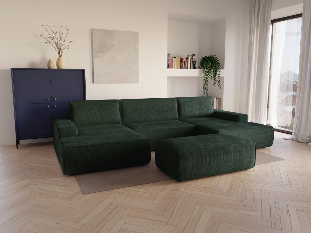 Gran sofá cama rinconera panorámico de terciopelo de canalé verde pino con compartimentos