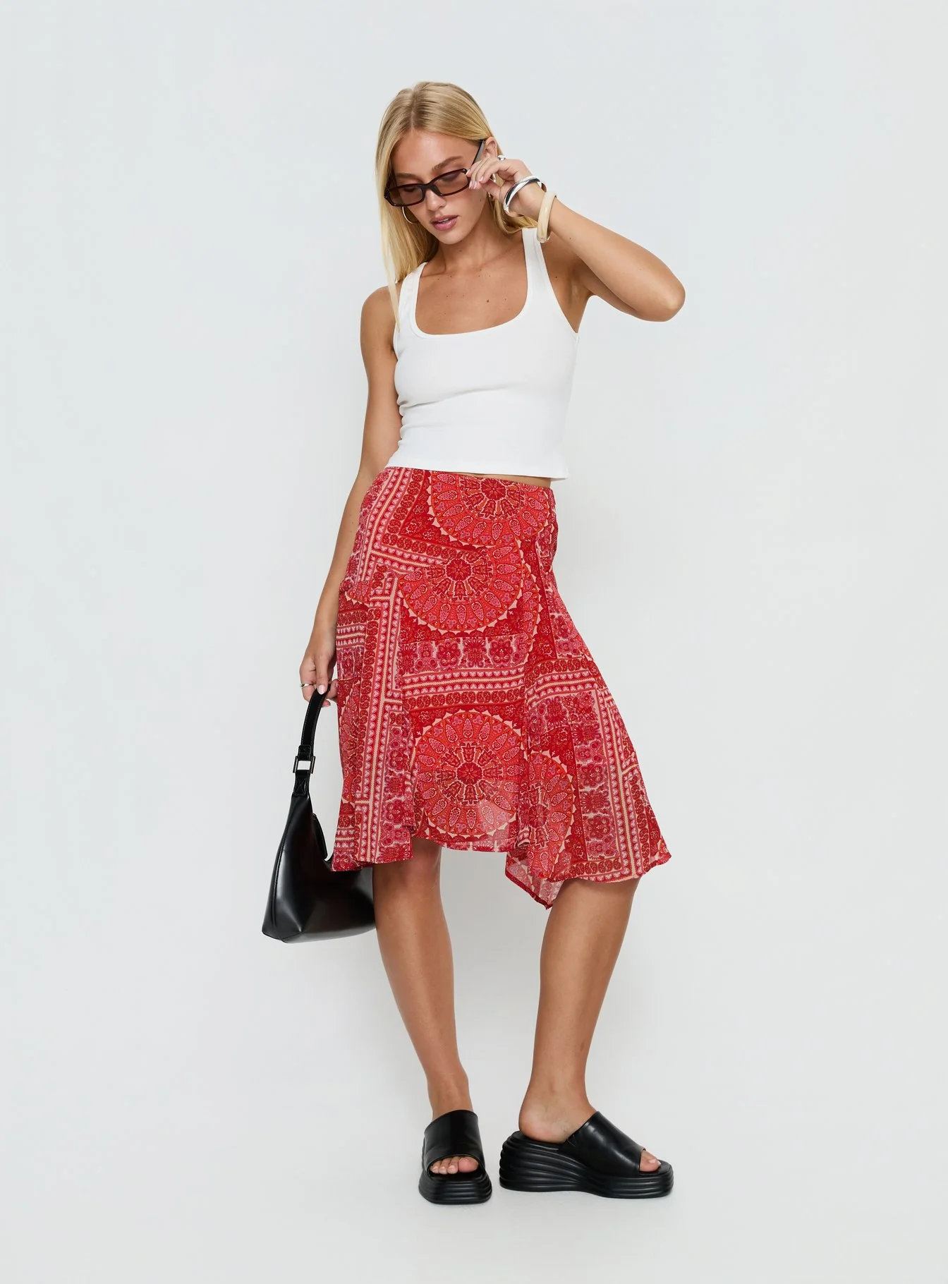 Raenah Asymmetrical Midi Skirt Red Paisley