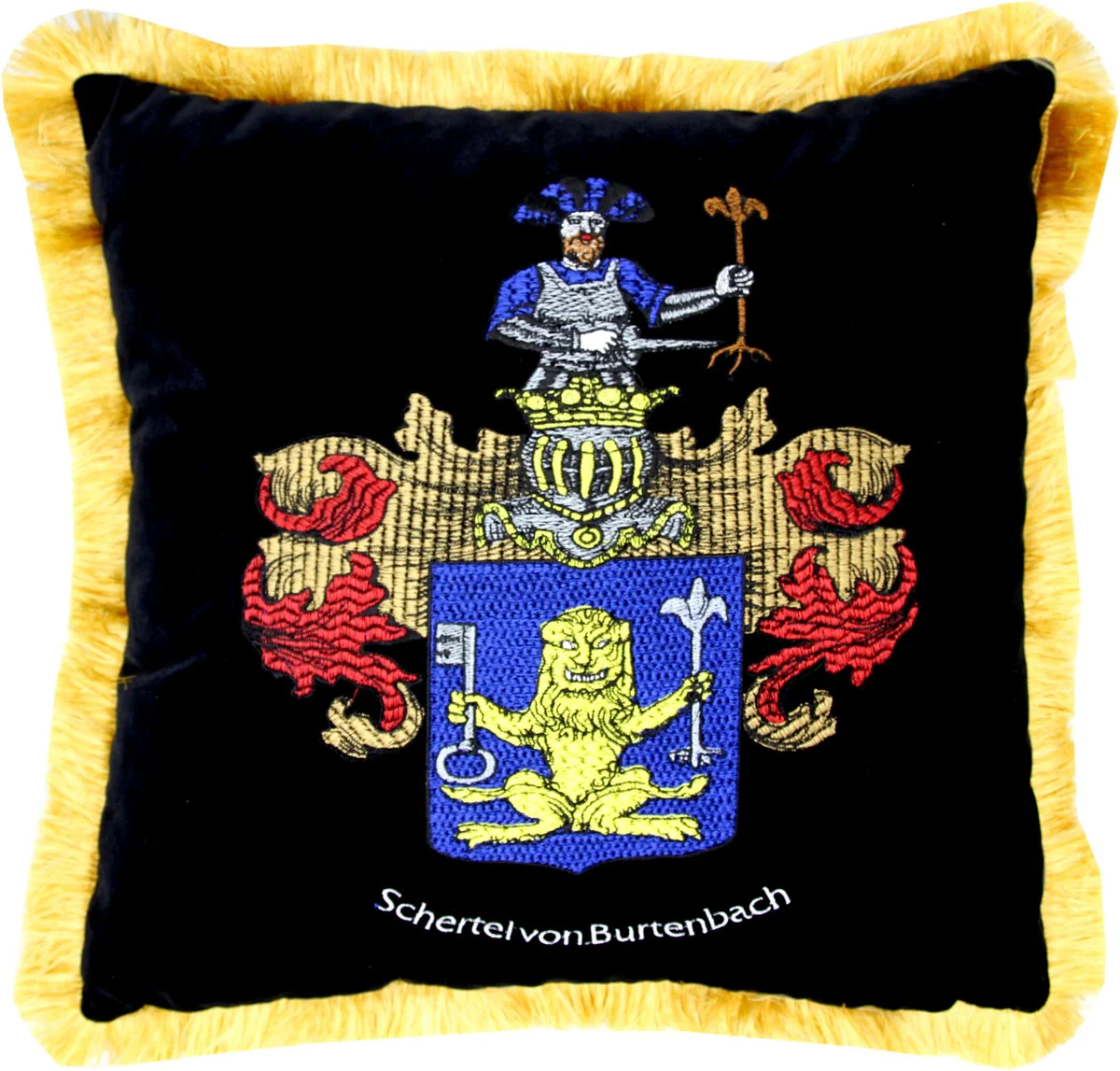 Luxury decorative cushion coat of arms Freiherr Schertel from Burtenbach black / gold