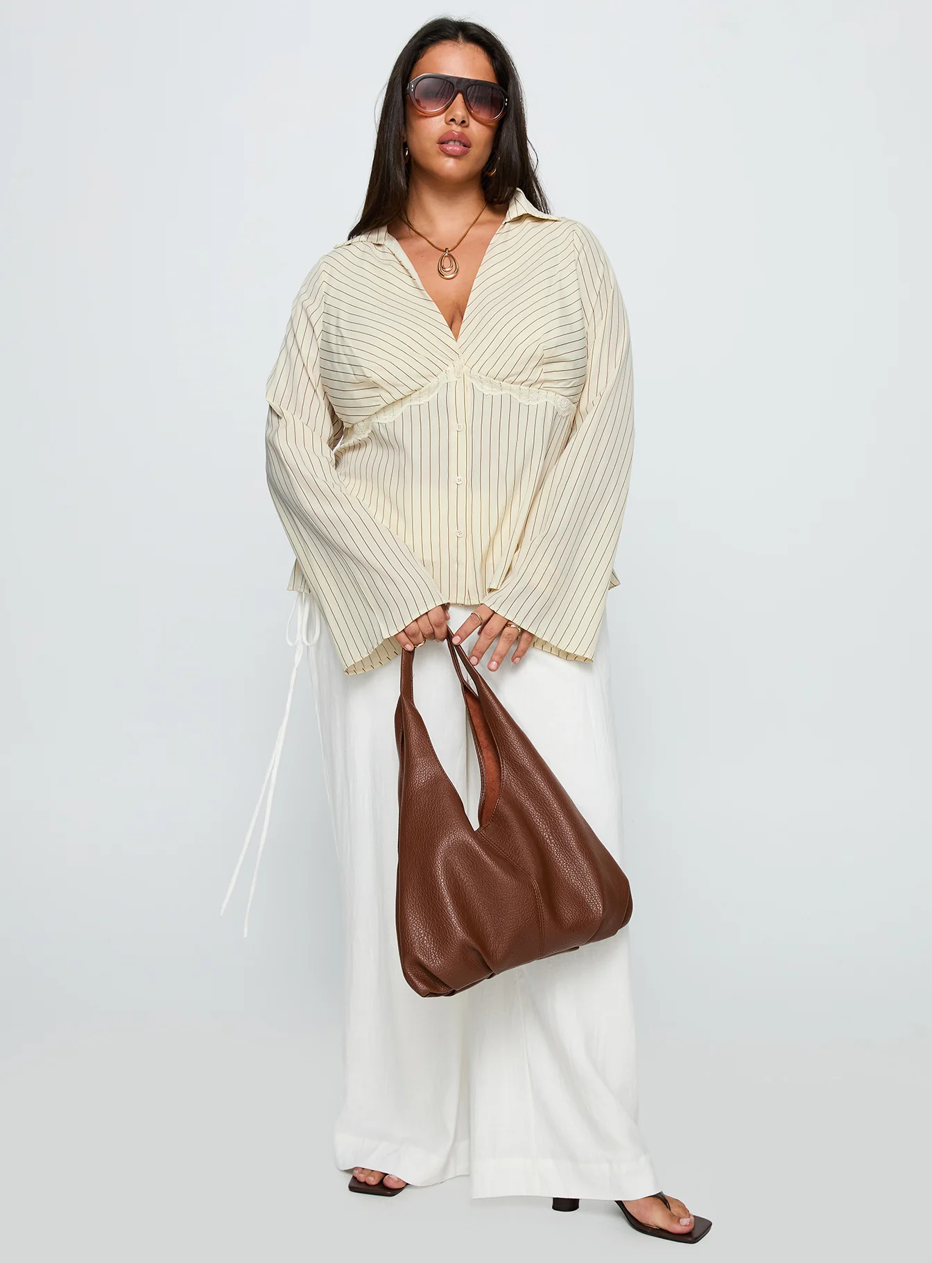 Life Begins Long Sleeve Lace Trim Top Cream Stripe Curve