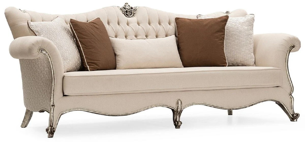 Luxury Baroque Living Room Set Cream / Silver / Antique Silver - 2 Sofas & 2 Armchairs & 1 Coffee Table & 2 Side Tables - Handcrafted Living Room Furniture in Baroque Style - Noble & Magnificent