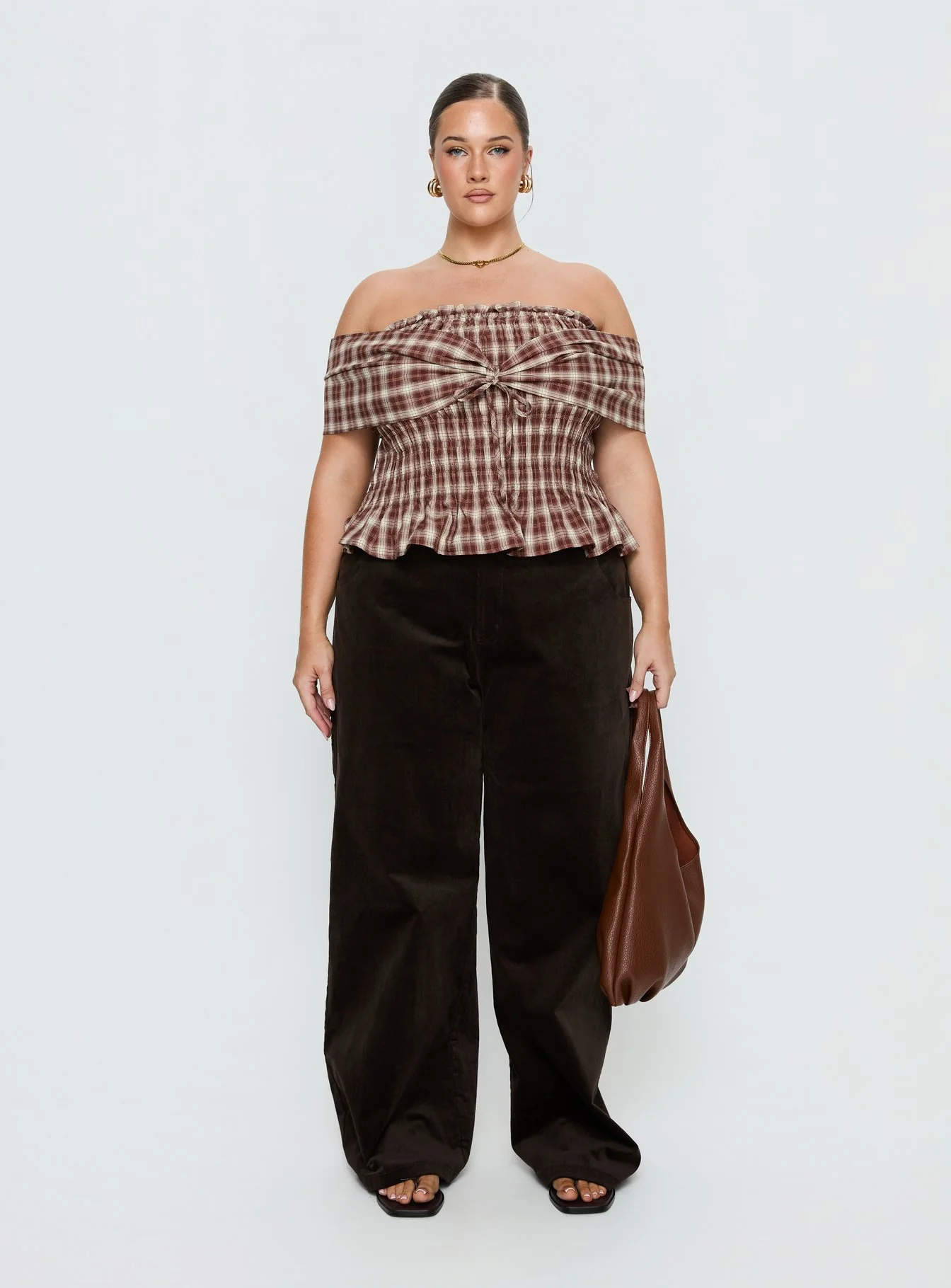 Avalynn Off Shoulder Shirred Top Brown Check Curve