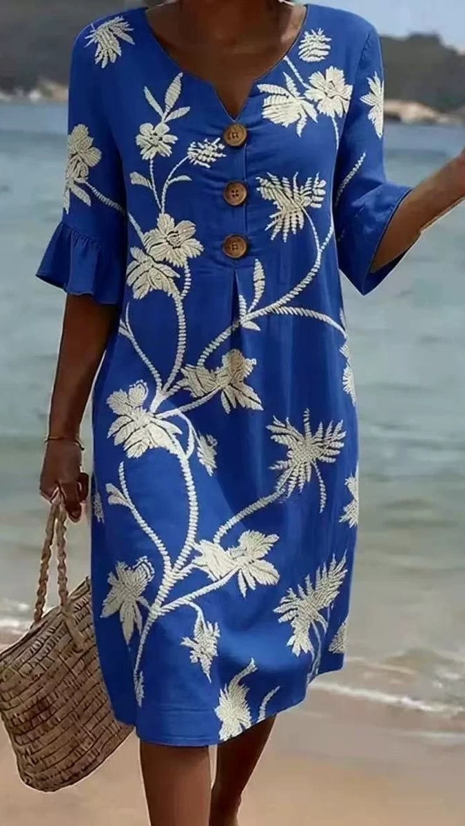 Women's Vacation-Style V-Neck Printed Loose-Fit Dress with Mid-Length Sleeves - Nordfashionstorm - Women's Clothing, Fashion for You - Nordfashionstorm.com