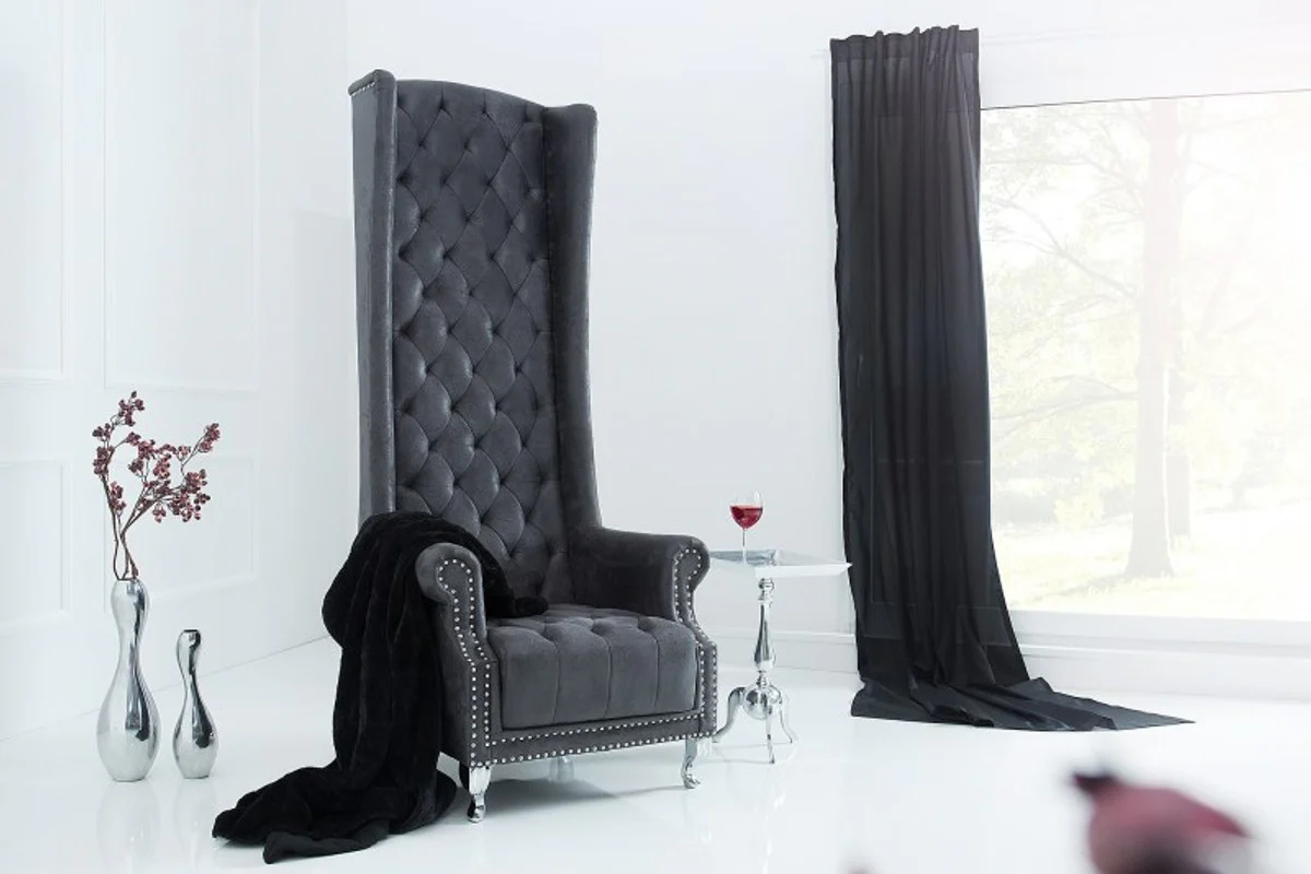 Chesterfield High Back Armchair Gray - Throne King High Back Armchair - Modern Baroque High Back Chair