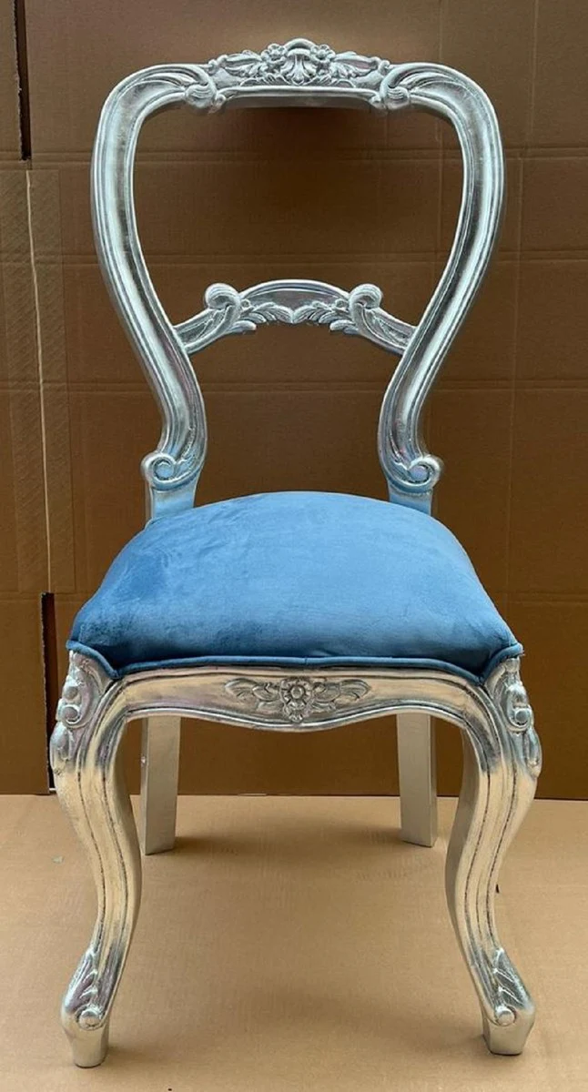 Luxury Baroque Women's Chair Blue / Silver - Handmade Baroque Style Dressing Table Chair - Luxury Bedroom Furniture in Baroque Style - Baroque Furniture - Noble & Magnificent