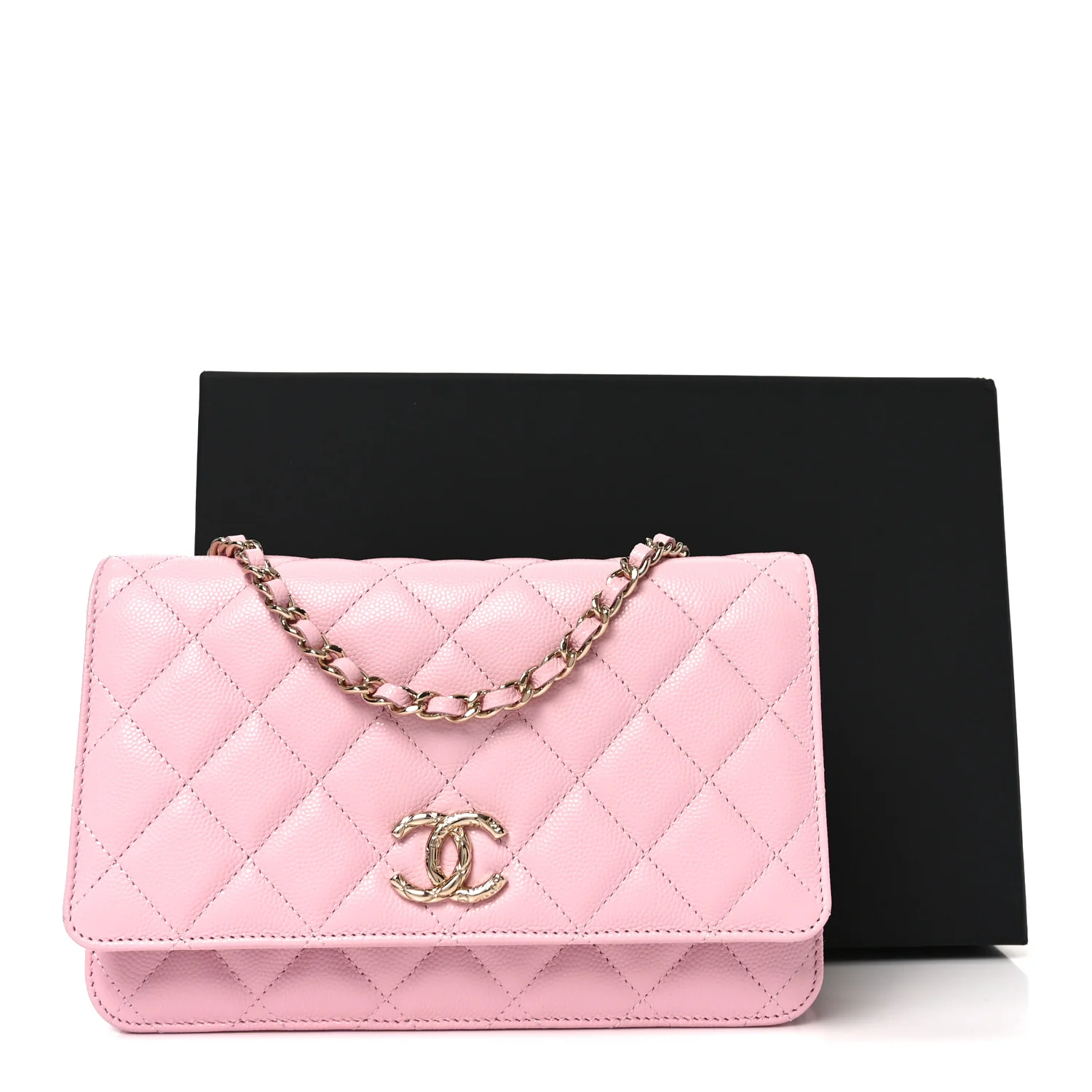 Caviar Quilted Textured CC Wallet on Chain WOC Light Pink - Top Club