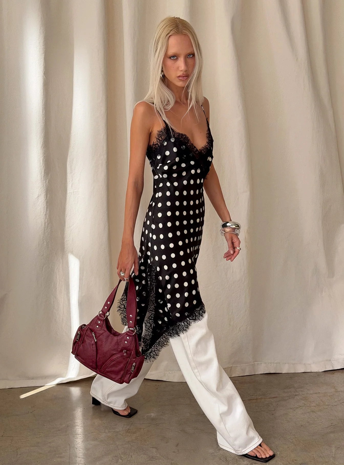 Afterdark Lace Asymmetrical Mini Dress Black Polka Dot