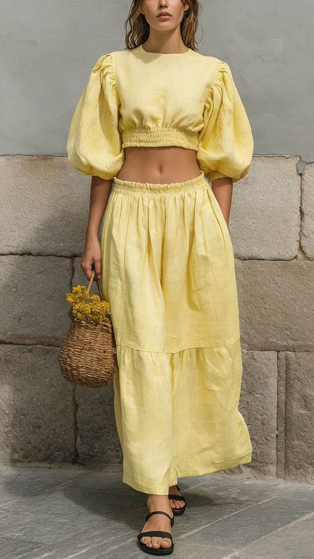 Women's Cotton-Blend Puff-Sleeve Crop Top & Skirt Set - Nordfashionstorm - Women's Clothing, Fashion for You - Nordfashionstorm.com