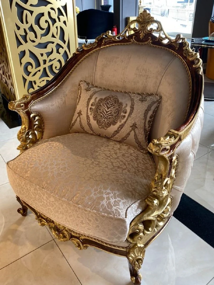 Luxury Baroque Living Room Set Silver / Brown / Gold - 2 Sofas & 2 Armchairs & 1 Coffee Table & 2 Side Tables - Handcrafted Living Room Furniture in Baroque Style - Noble & Magnificent