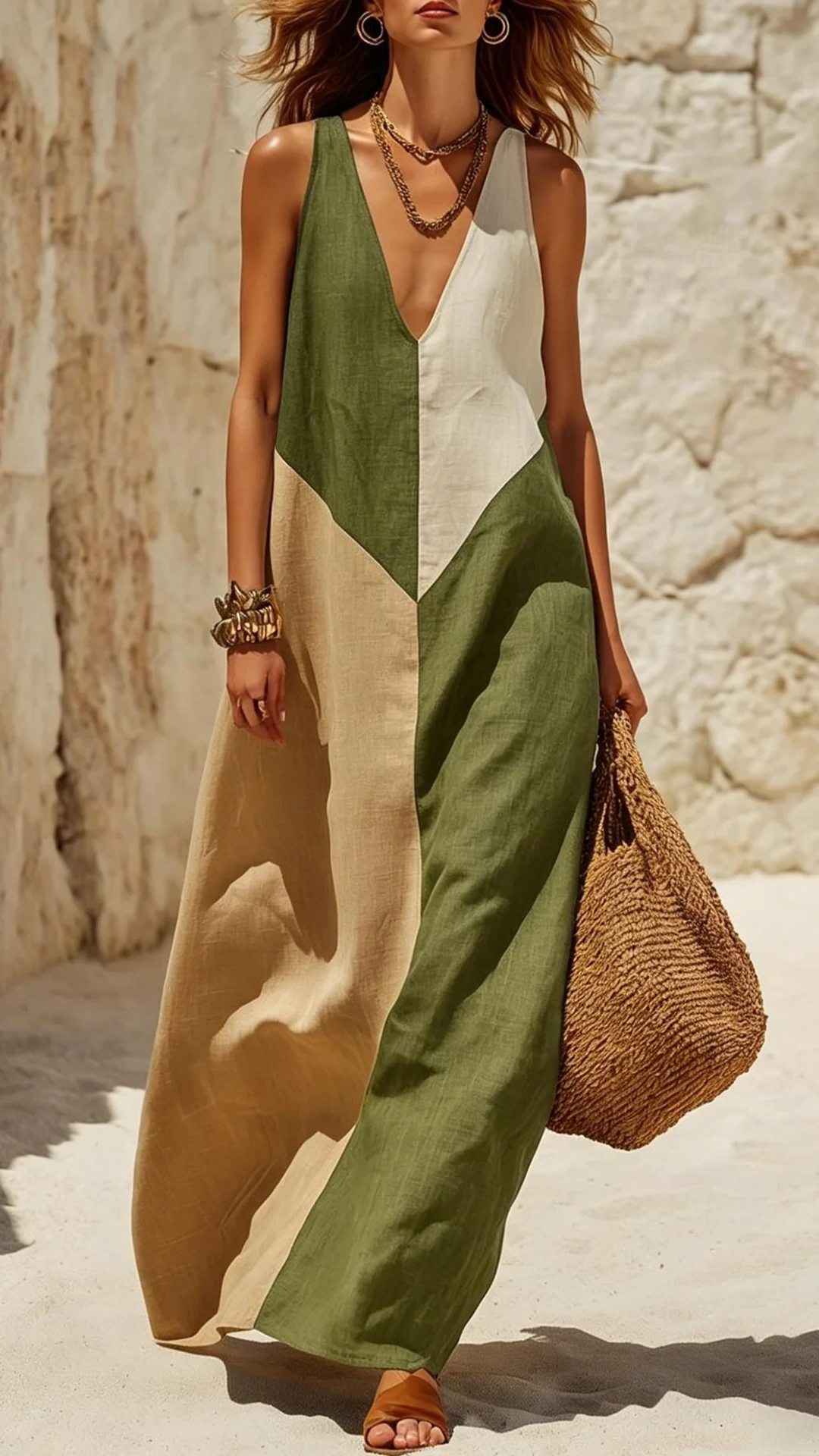 Women's Green & Beige Color Block V-neck Sleeveless Maxi Dress - Nordfashionstorm - Women's Clothing, Fashion for You - Nordfashionstorm.com