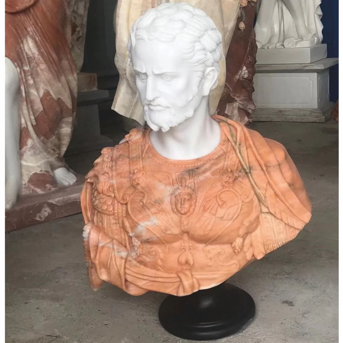Luxury antique style marble bust Roman white / orange / black H. 80 cm
