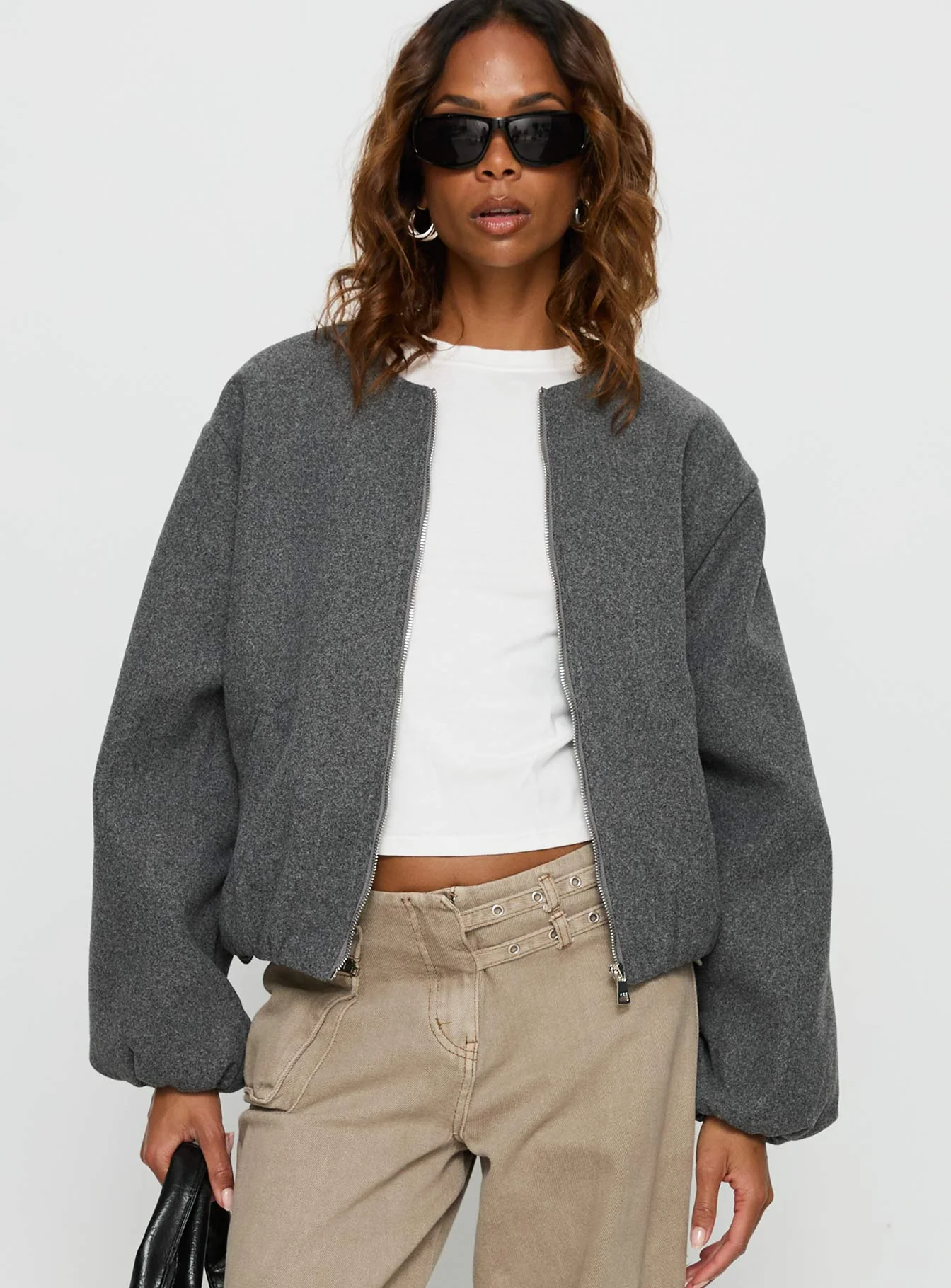 Karletta Cropped Bomber Jacket Grey