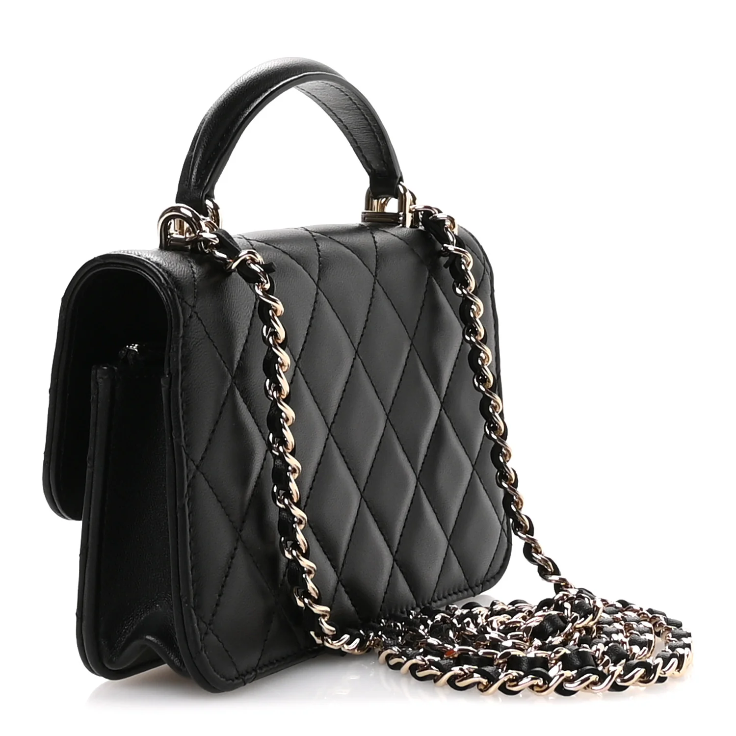 Lambskin Quilted Flap Phone Holder With Chain Black - Top Club