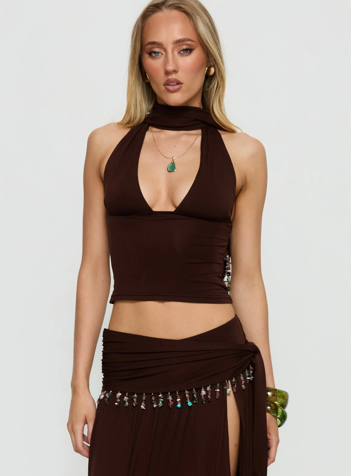 Spirita Beaded Halter Top Brown