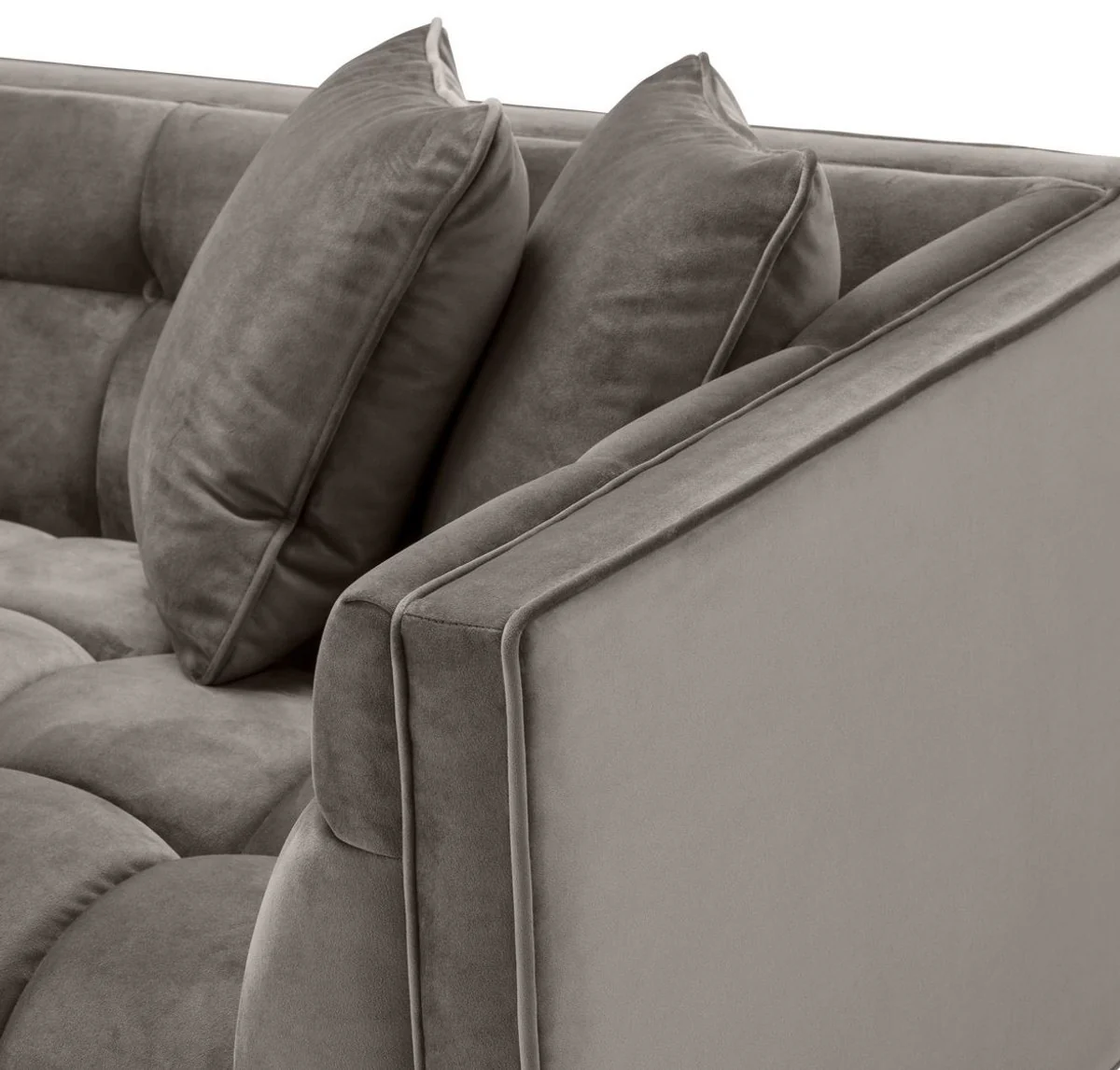Luxury lounge sofa gray - greige / brass colored 223 x 95 x H. 68 cm - right-side living room sofa with elegant velvet fabric and 2 cushions