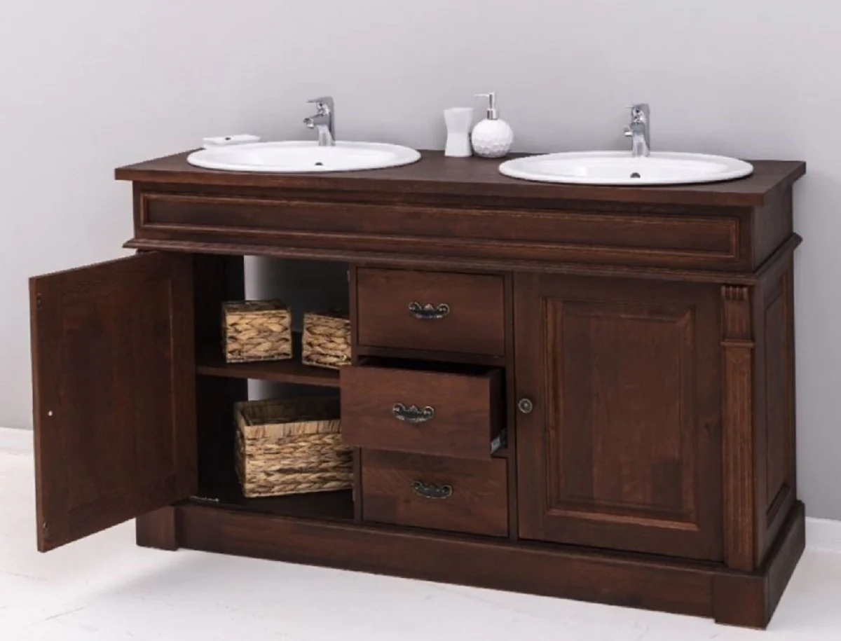 Country house style double sink cabinet with 2 ceramic sinks dark brown / white 150 x 51 x H. 91 cm - Solid wood bathroom furniture in country house style - Country house style furniture