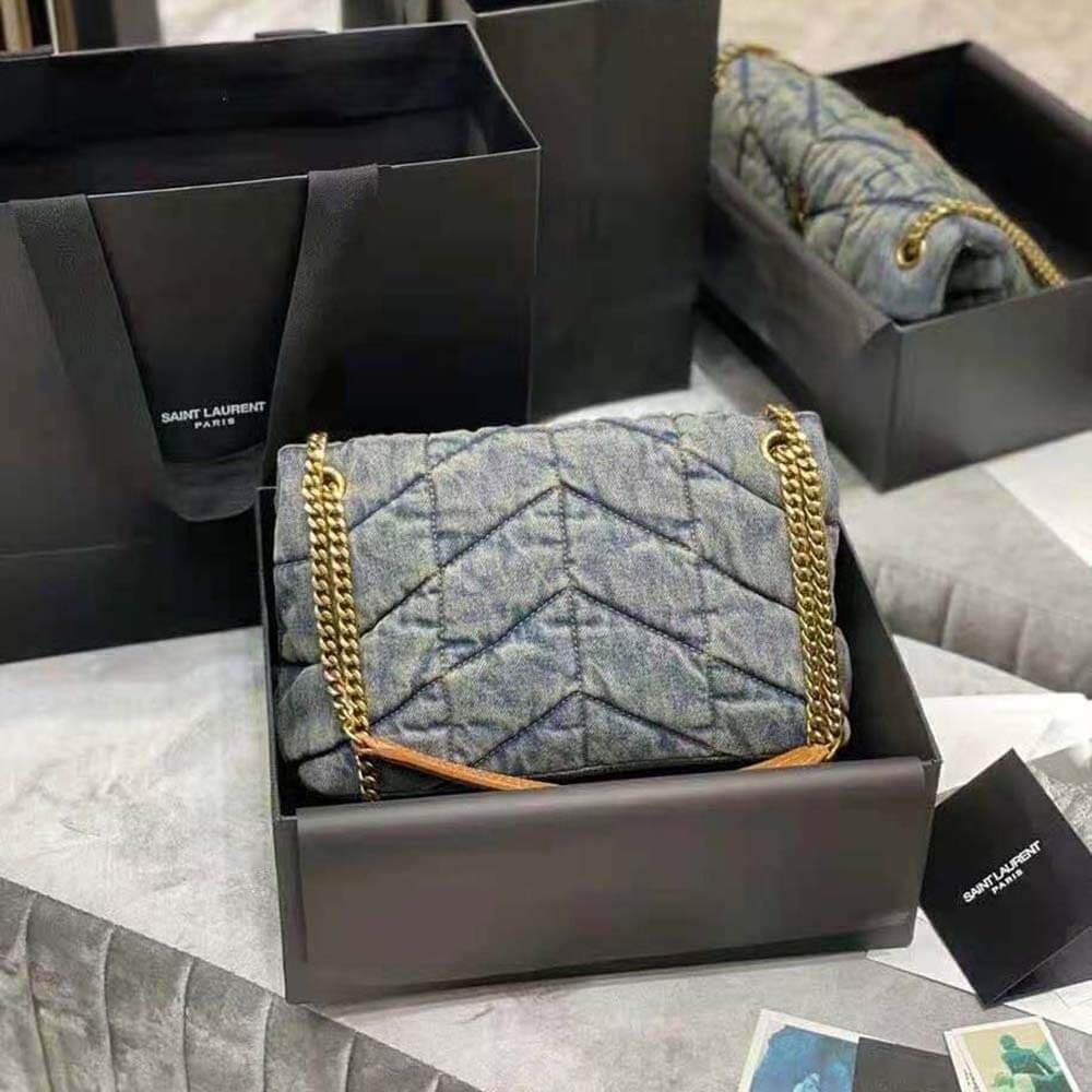 Y Puffer Small Bag in Quilted Vintage Denim and Suede - Top Club