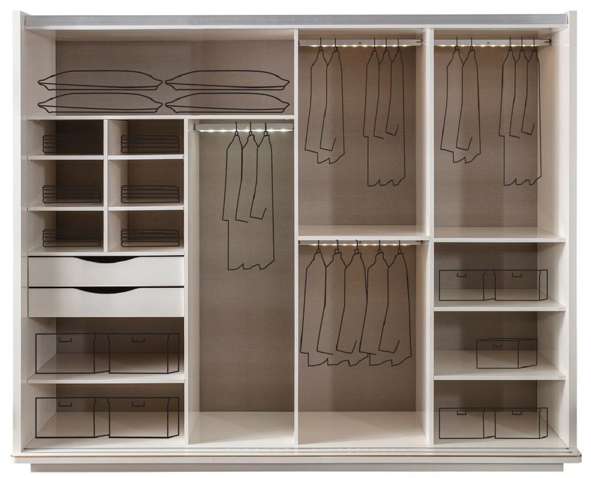 Luxury bedroom wardrobe white / gold 260 x 72 x H. 218 cm - Elegant solid wood wardrobe with 2 sliding doors - Luxury bedroom furniture