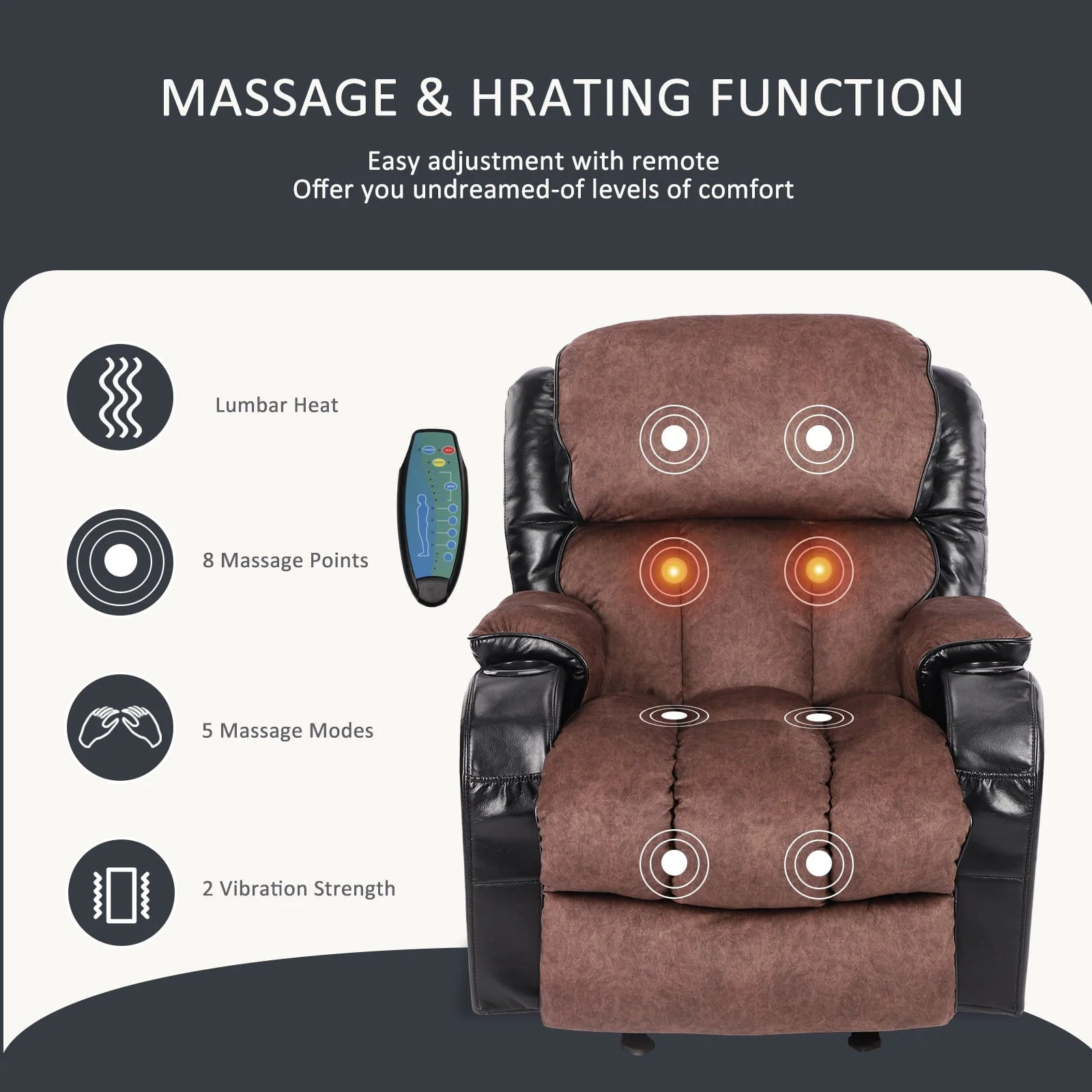 Leather Massage Recliner Chair, Modern Electric Power Rocker with Heated Massage, Ergonomic Lounge Chair, SEGMART Single Sofa Seat with Drink Holders for Living Room, Black and Brown