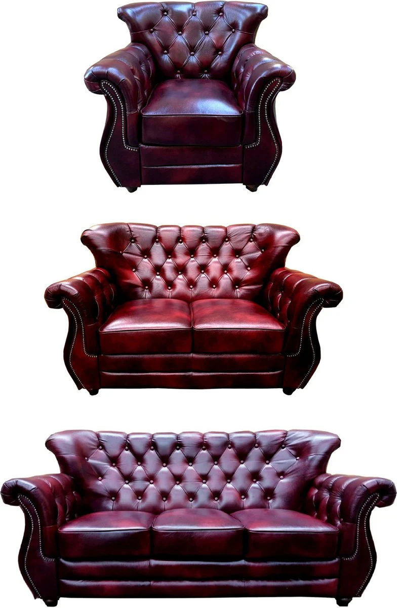 Luxury Chesterfield real leather living room set Bordeaux red / brown / silver - 2 leather sofas & 1 leather armchair - Chesterfield furniture - living room furniture