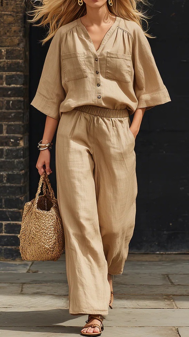 Women's Simple Linen Two-Piece Set: Button-Up Top and Wide-Leg Pants - Nordfashionstorm - Women's Clothing, Fashion for You - Nordfashionstorm.com