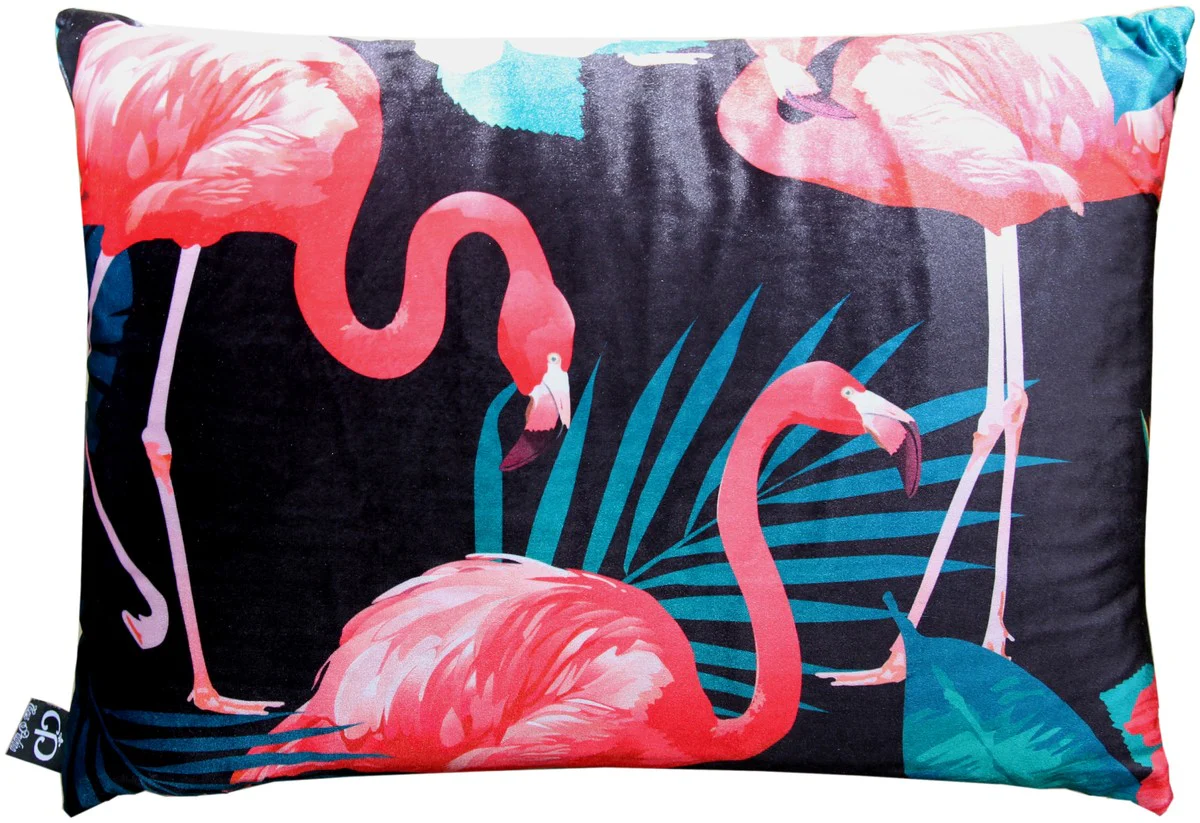 Luxury cushion Malibu Flamingos black / multicolored 35 x 55 cm - finest velvet fabric - decorative living room cushion