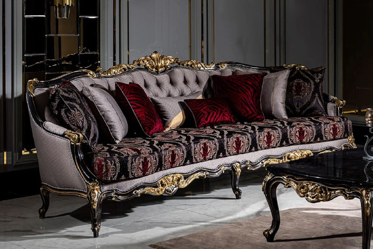 Luxury Baroque Sofa Silver / Bordeaux Red / Black / Gold - Handmade Living Room Sofa with Elegant Pattern and Decorative Pillows - Living Room Furniture in Baroque Style