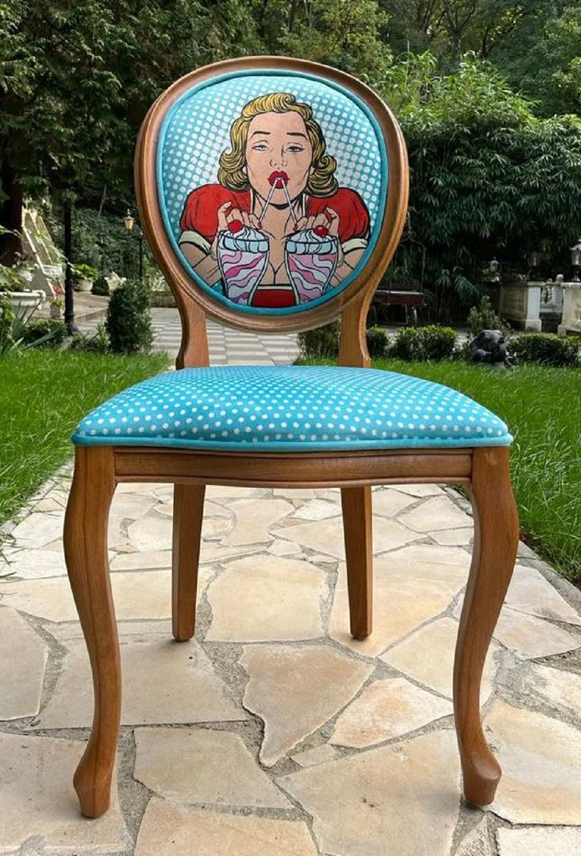 Luxury Baroque Dining Room Chair Blue / Multicolored / Brown - Handmade Antique Style Chair with Design - Dining Room Furniture in Baroque Style