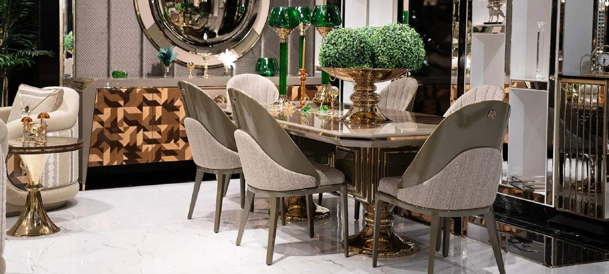 Luxury Dining Table Gray / Brown / Gold - Rectangular Luxury Kitchen Table - Dining Room Furniture - Luxury Furniture